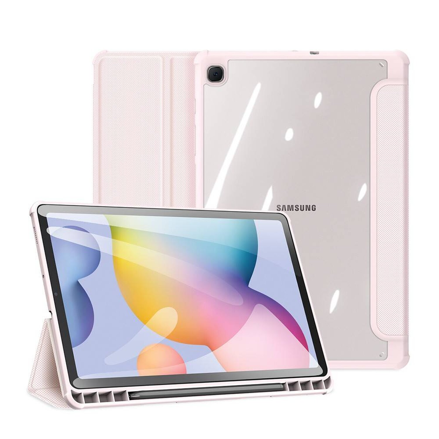 Tablet in rosa Hülle mit Ständer und S Pen. Eine andere Hülle ist im Hintergrund.