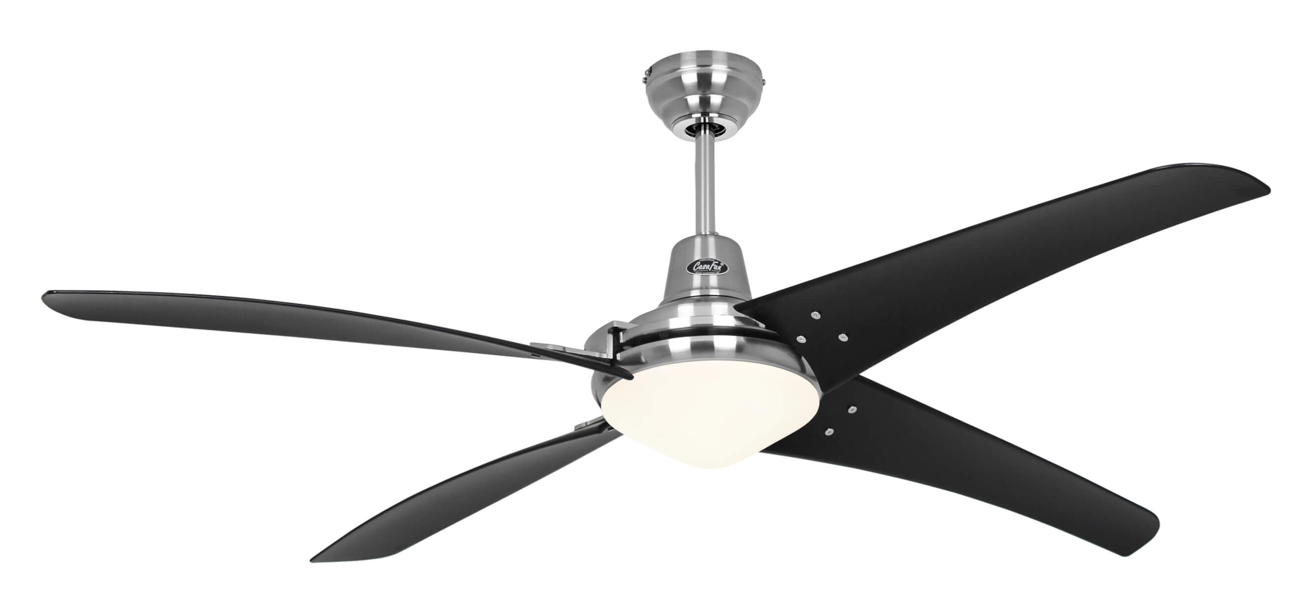 Ventilatore da soffitto con pale nere e base argentata, con luce. Sfondo bianco.