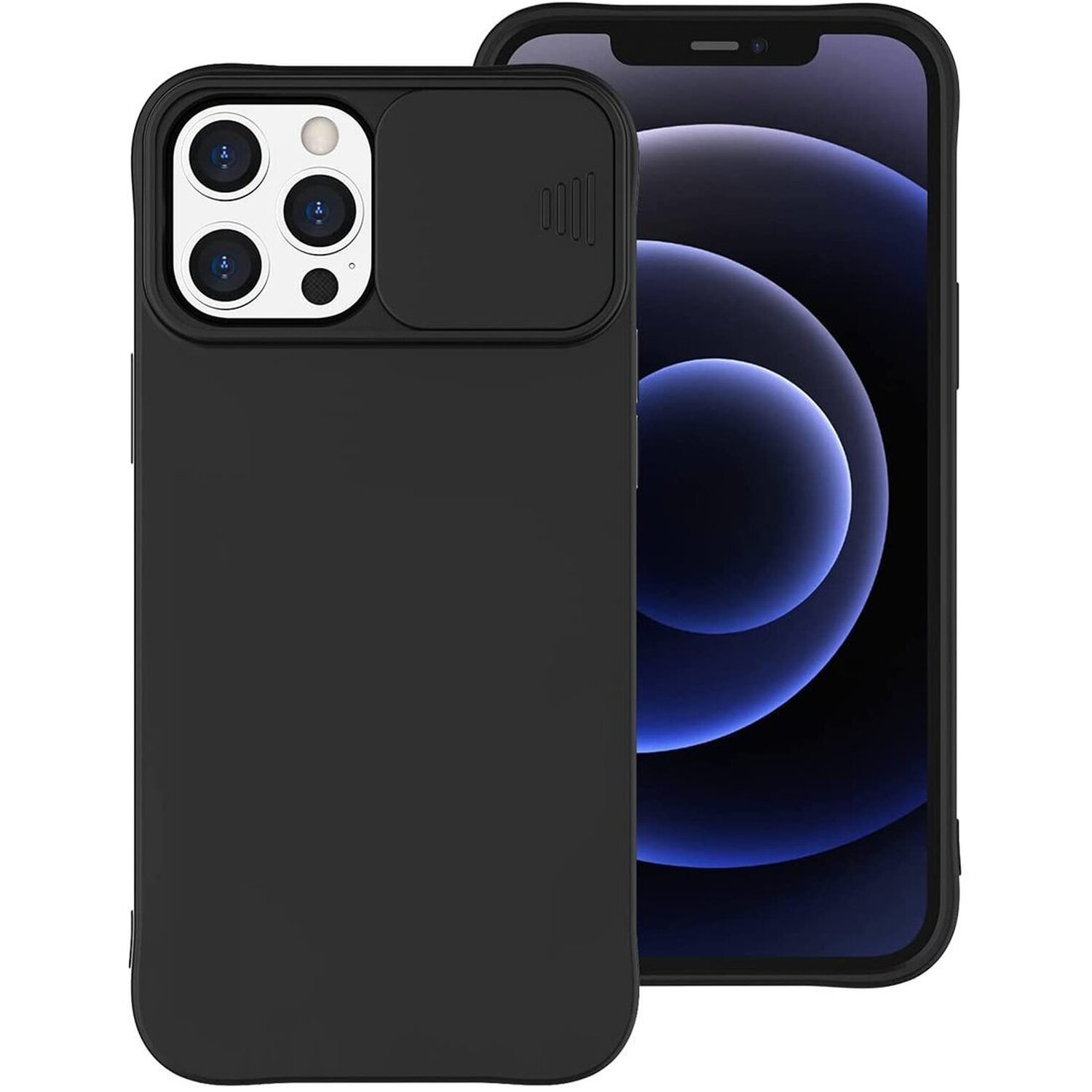 Schwarze Handyhülle mit Kameraabdeckung auf einem iPhone. Der Telefonbildschirm ist schwarz.