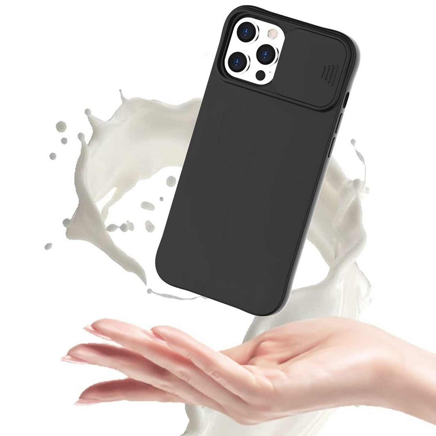 Schwarze Handyhülle mit Kameraabdeckung. Eine Hand hält das Telefon.