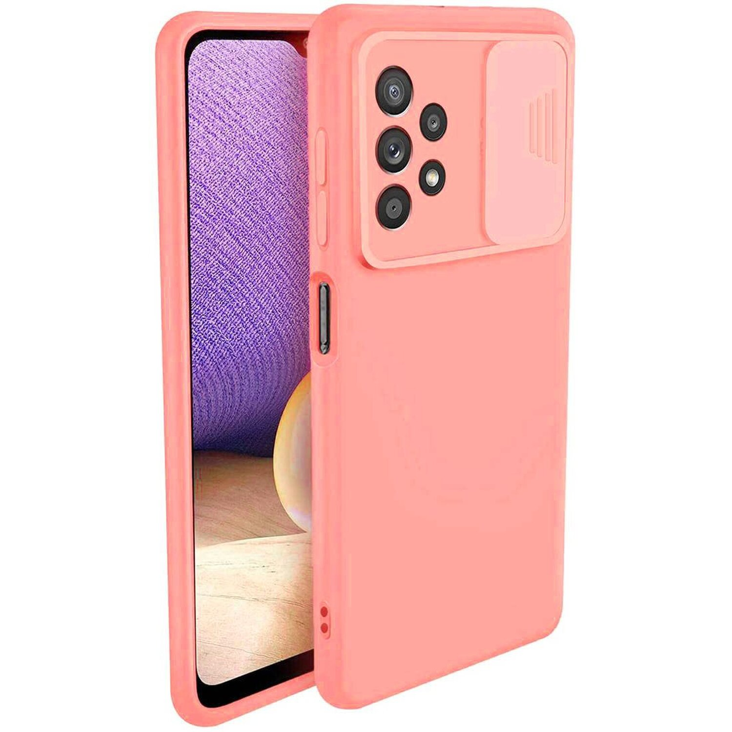 Rosa Handyhülle mit Kameraschieber, bedeckt ein Telefon auf weißem Hintergrund.