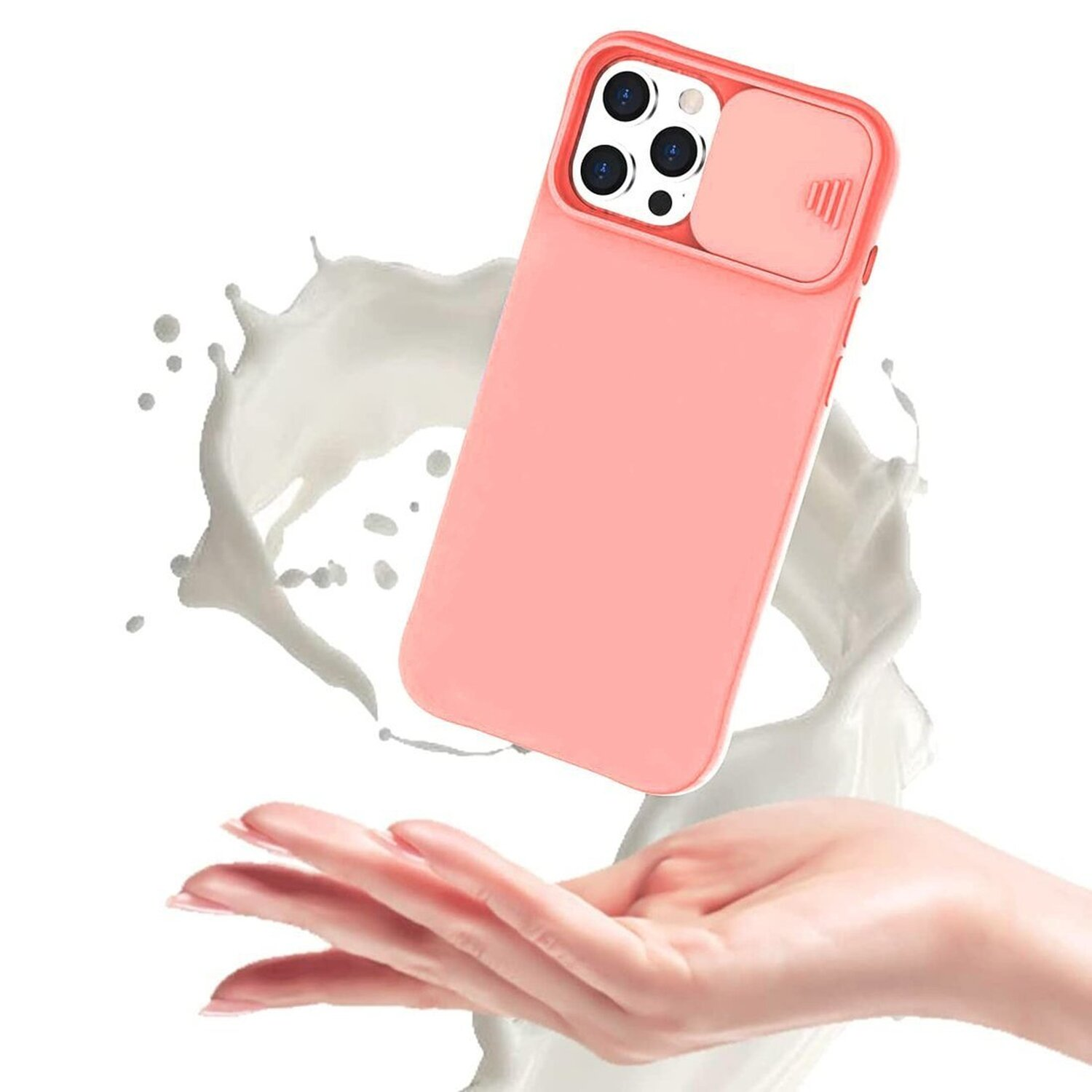 Eine Handyhülle, rosa, mit Kameraabdeckung, gehalten von einer Hand, Spritzer im Hintergrund.