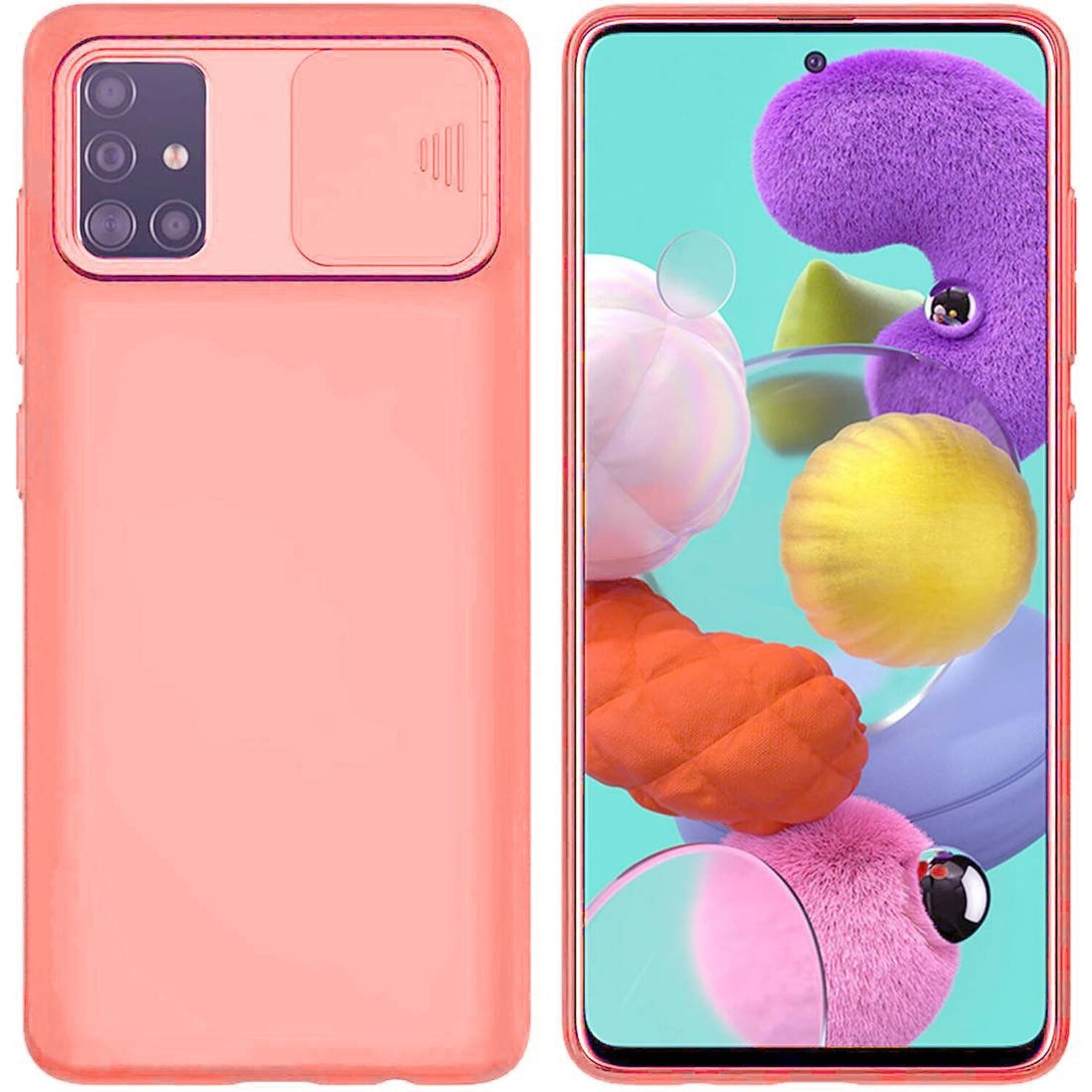 Rosa Handyhülle mit Kameraabdeckung, das Telefon bedeckend. Telefon rechts. Weißer Hintergrund.