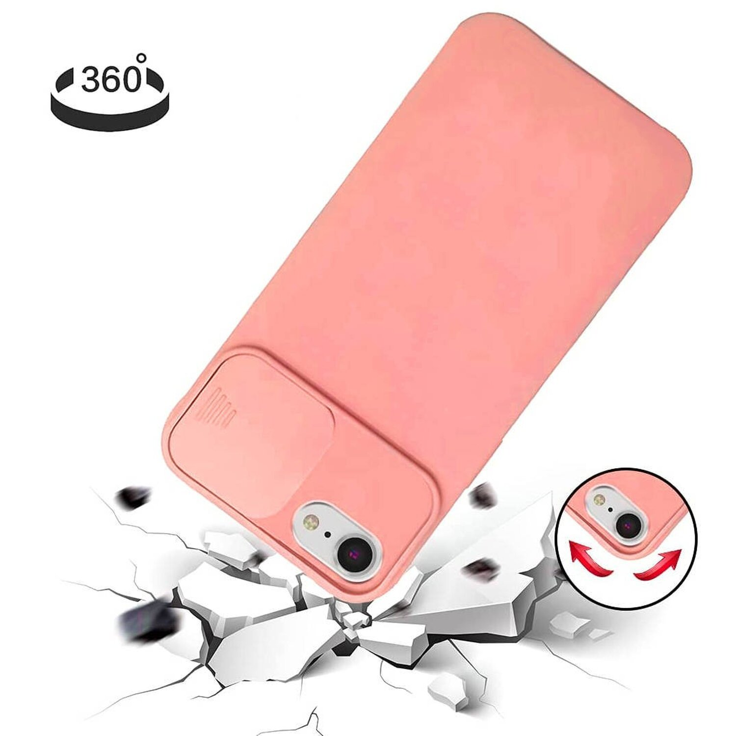 Eine rosa Handyhülle mit Kameraabdeckung fällt. Darunter eine zerbrochene Oberfläche.