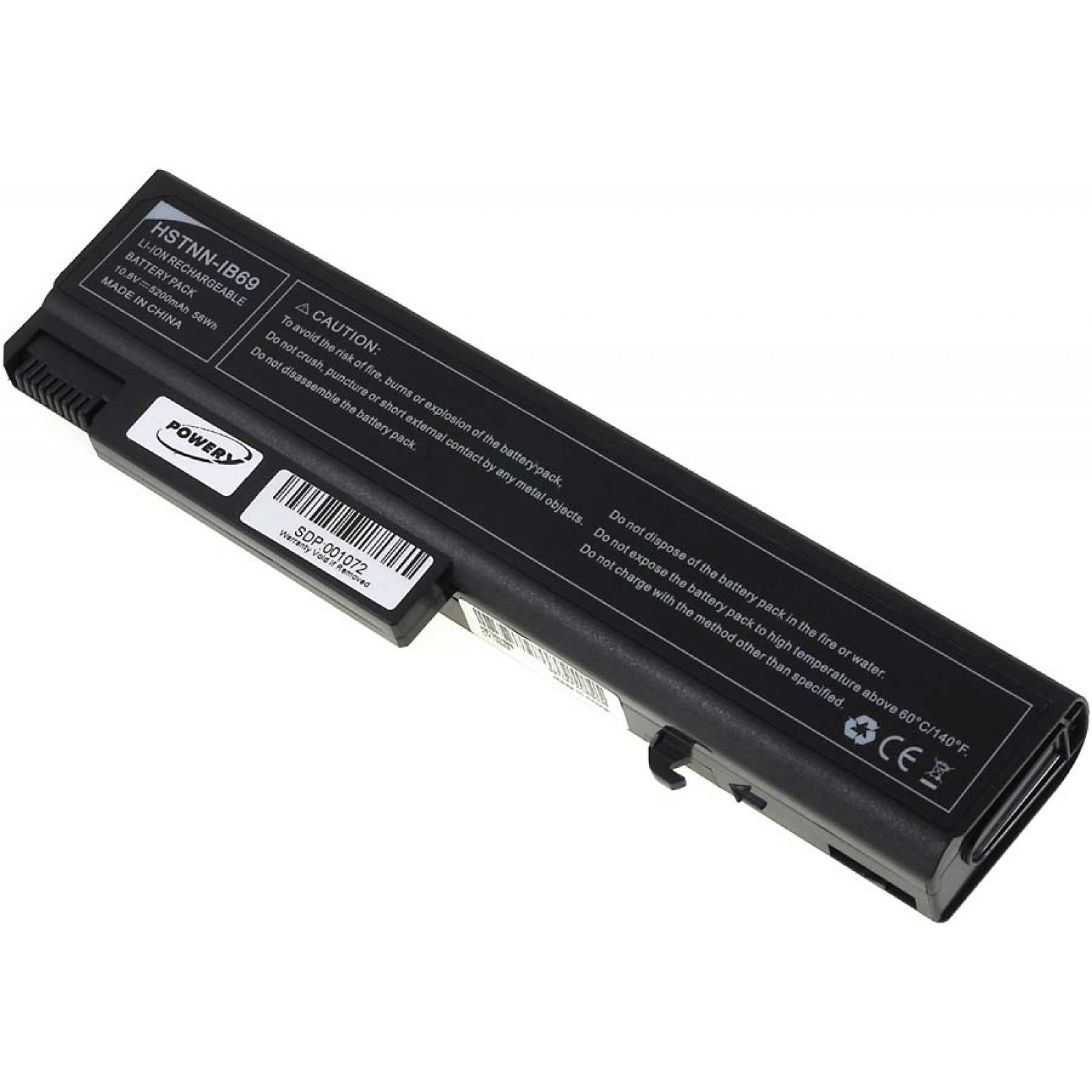 Una batería de laptop con etiquetas de advertencia. Colores blanco y negro.