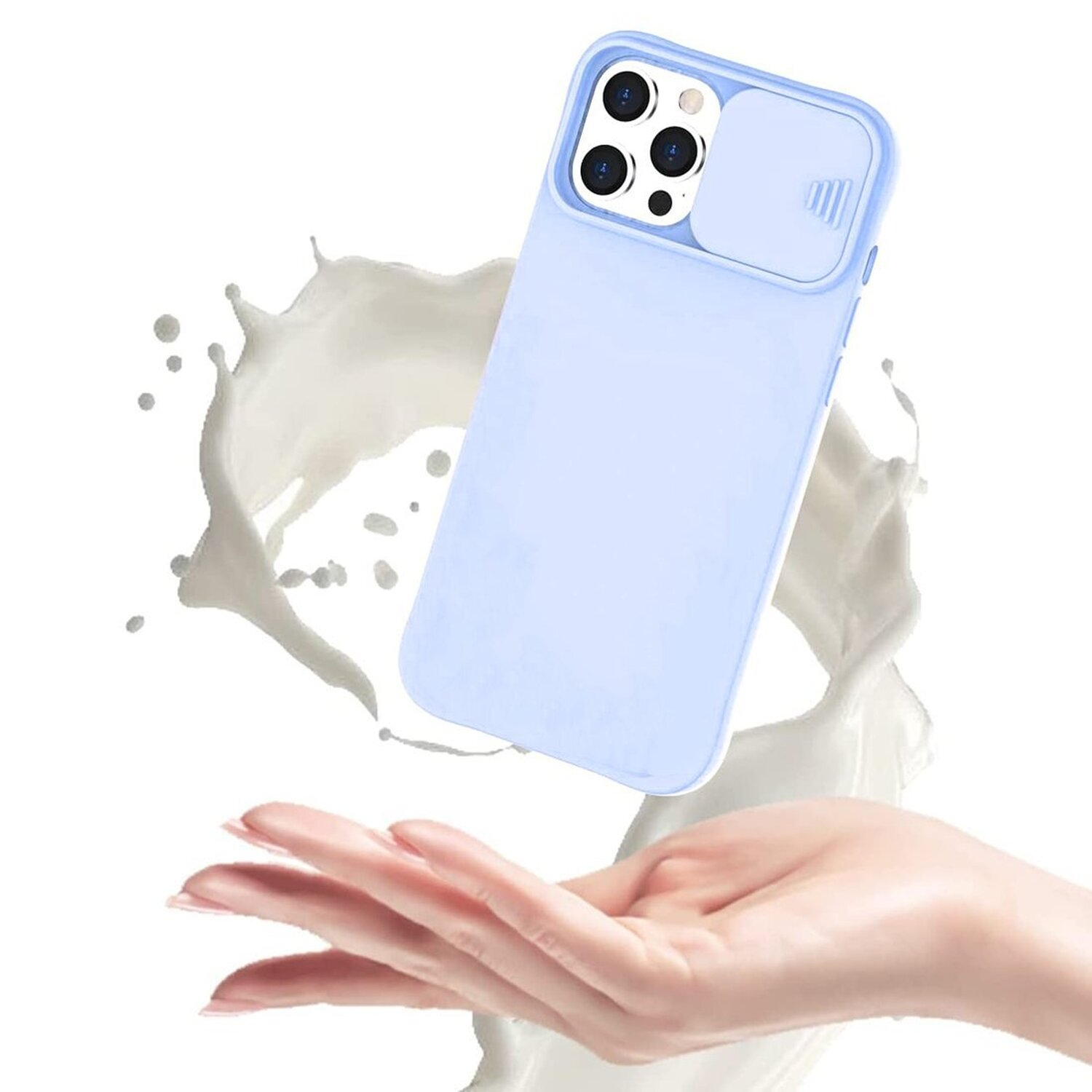 Eine hellblaue Handyhülle, ein Spritzer weißer Flüssigkeit und eine Hand. Die Hülle hat eine Kameraabdeckung.