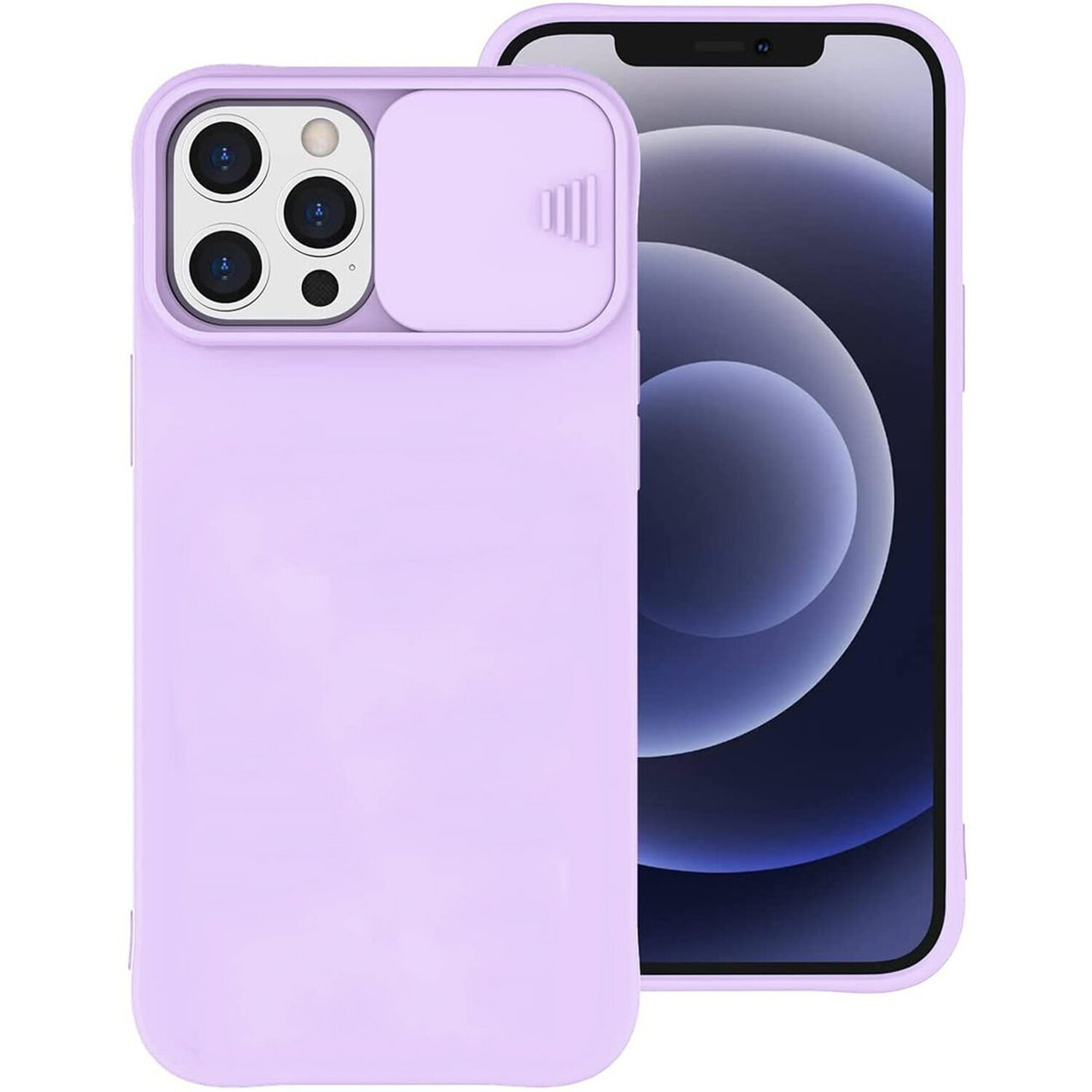 Lila Handyhülle mit Kameraabdeckung und ein Telefon mit lila Bildschirm.