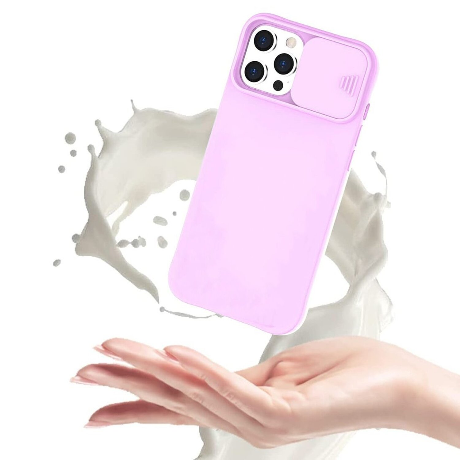 Rosa Handyhülle mit Kameraabdeckung, gehalten von einer Hand, mit Spritzer.
