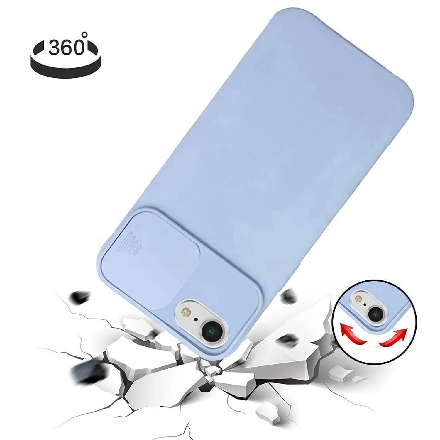 Hellblaue Handyhülle mit Kameraabdeckung. Handyhülle liegt auf einer Oberfläche mit Rissen.