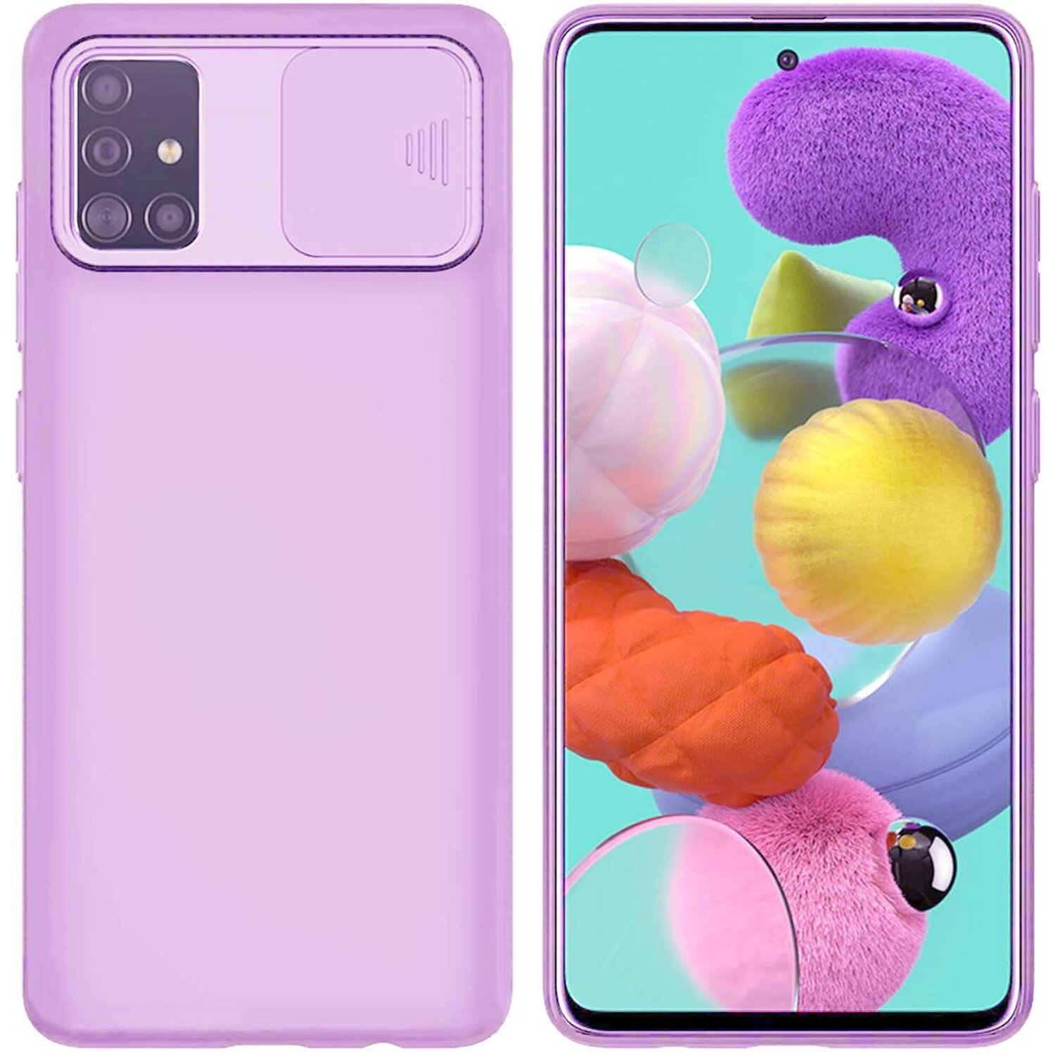 Lila Handyhülle mit einem Telefon darin. Sie hat eine Kameraabdeckung und einen weißen Hintergrund.