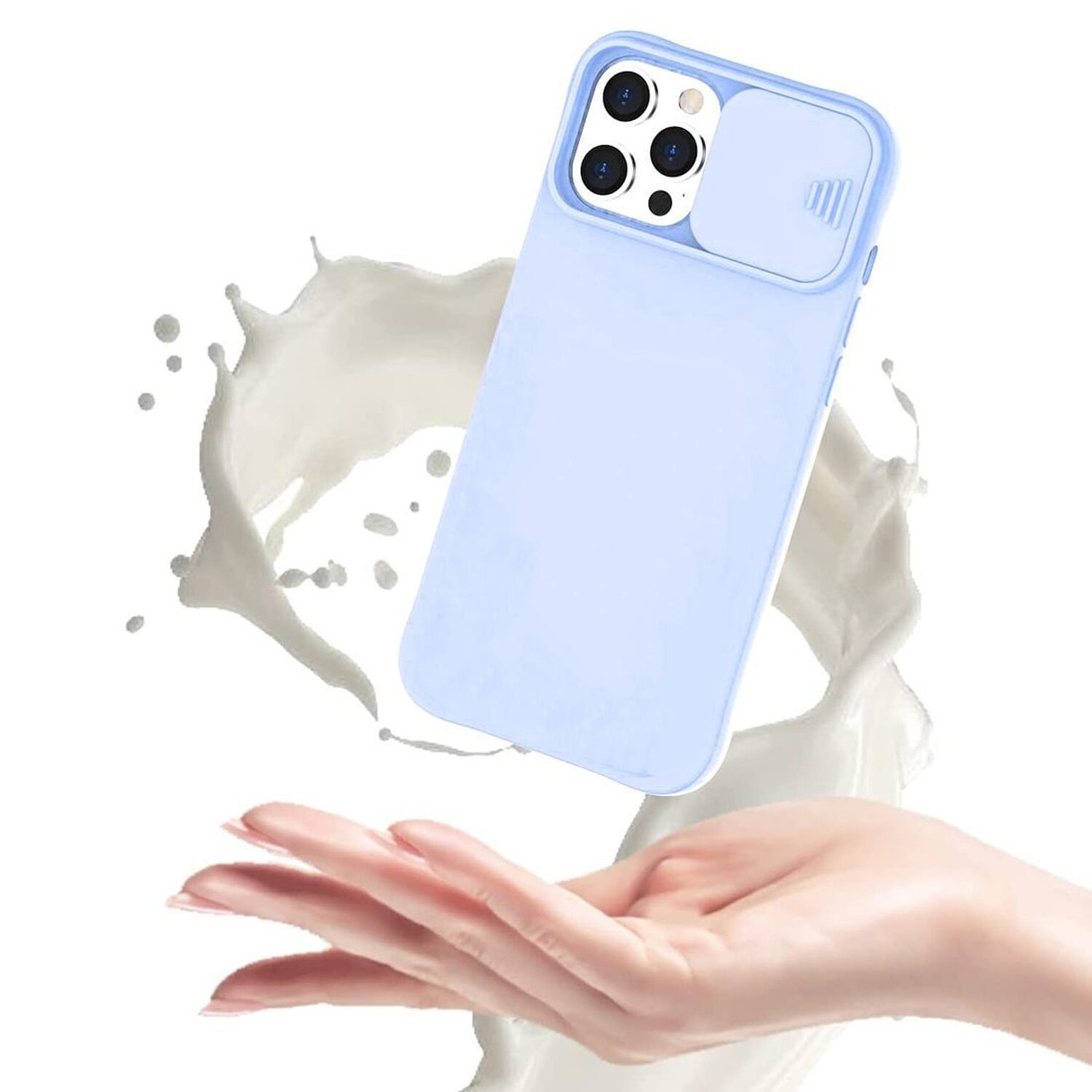 Blaue iPhone-Hülle mit weißem Spritzer, Hand hält sie.
