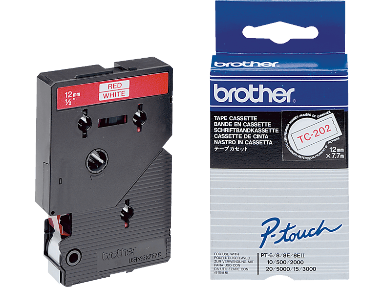 BROTHER Cassette Schriftbandkassette auf rot TC202 weiß Tape