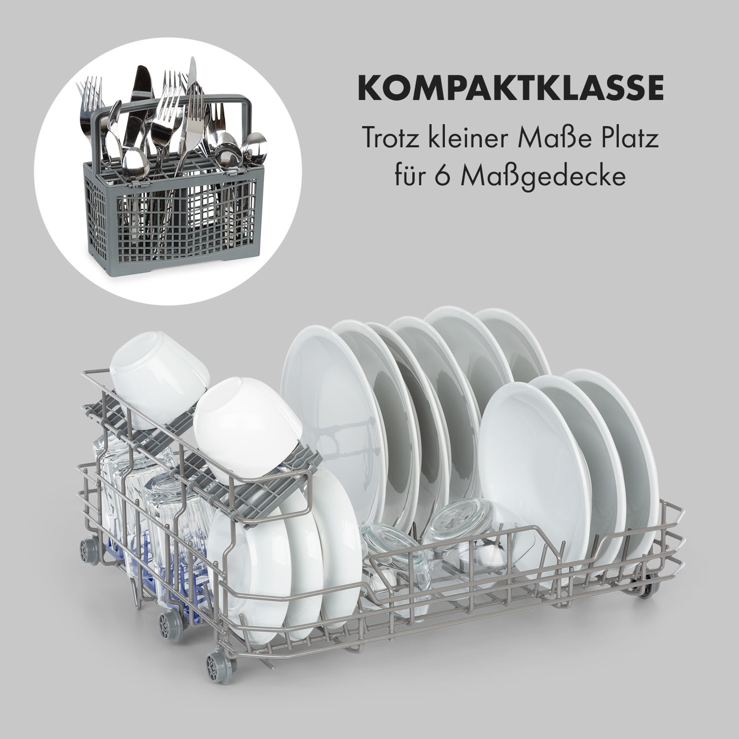 Ein Geschirrspülkorb mit Tellern, Tassen und Besteck; Text sagt 'Kompaktklasse'.
