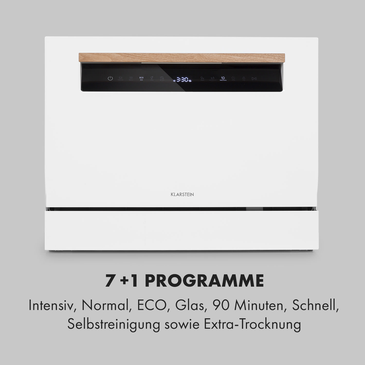 Weißer Geschirrspüler mit Holzplatte, Bedienfeld und Text '7+1 PROGRAMME'.