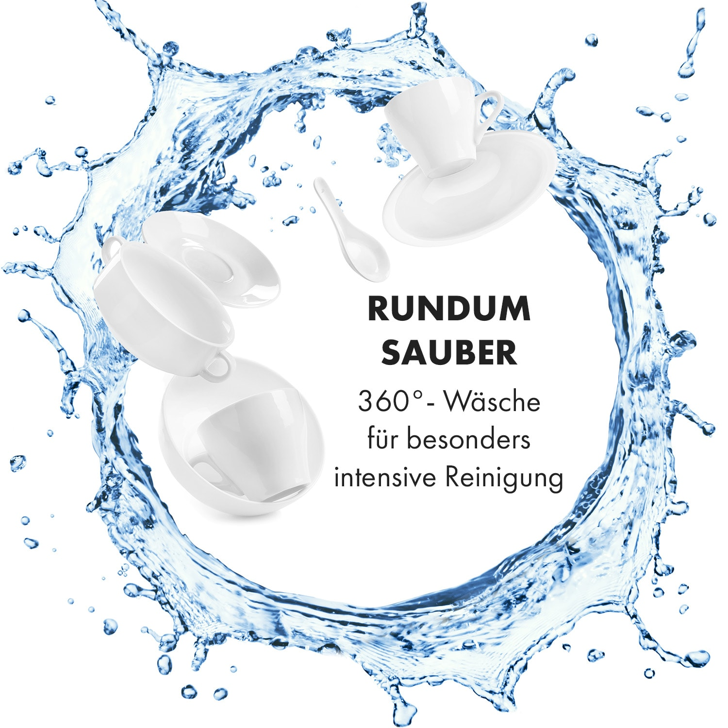 Weiße Geschirr und Wasserspritzer. Tassen, Untertassen und ein Löffel schweben im Wasserspritzer.