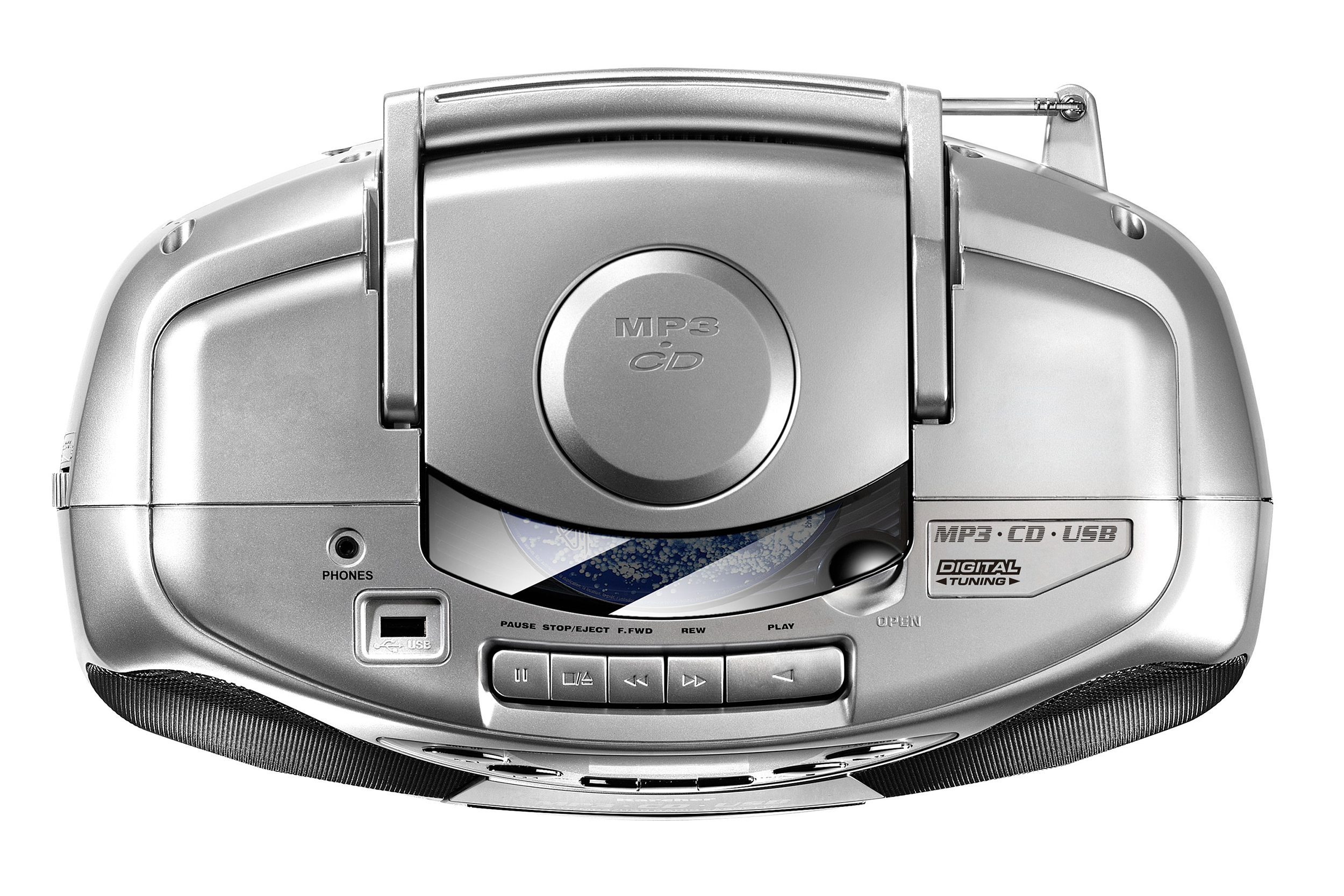 Eine silberne Boombox mit CD und USB. Es hat Tasten für Wiedergabe, Pause und andere Funktionen.