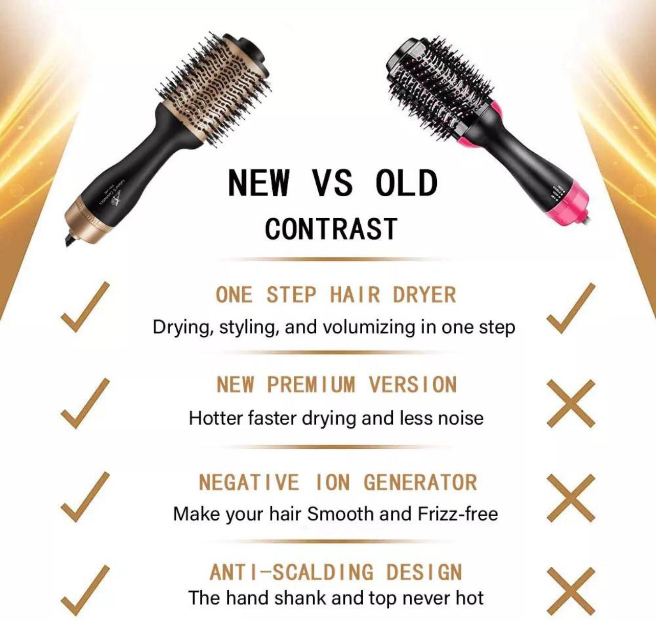 Dwie suszarki do włosów obok siebie. Tekst mówi: „NOWE VS STARE KONTRAST”. Pokazane jest porównanie funkcji.