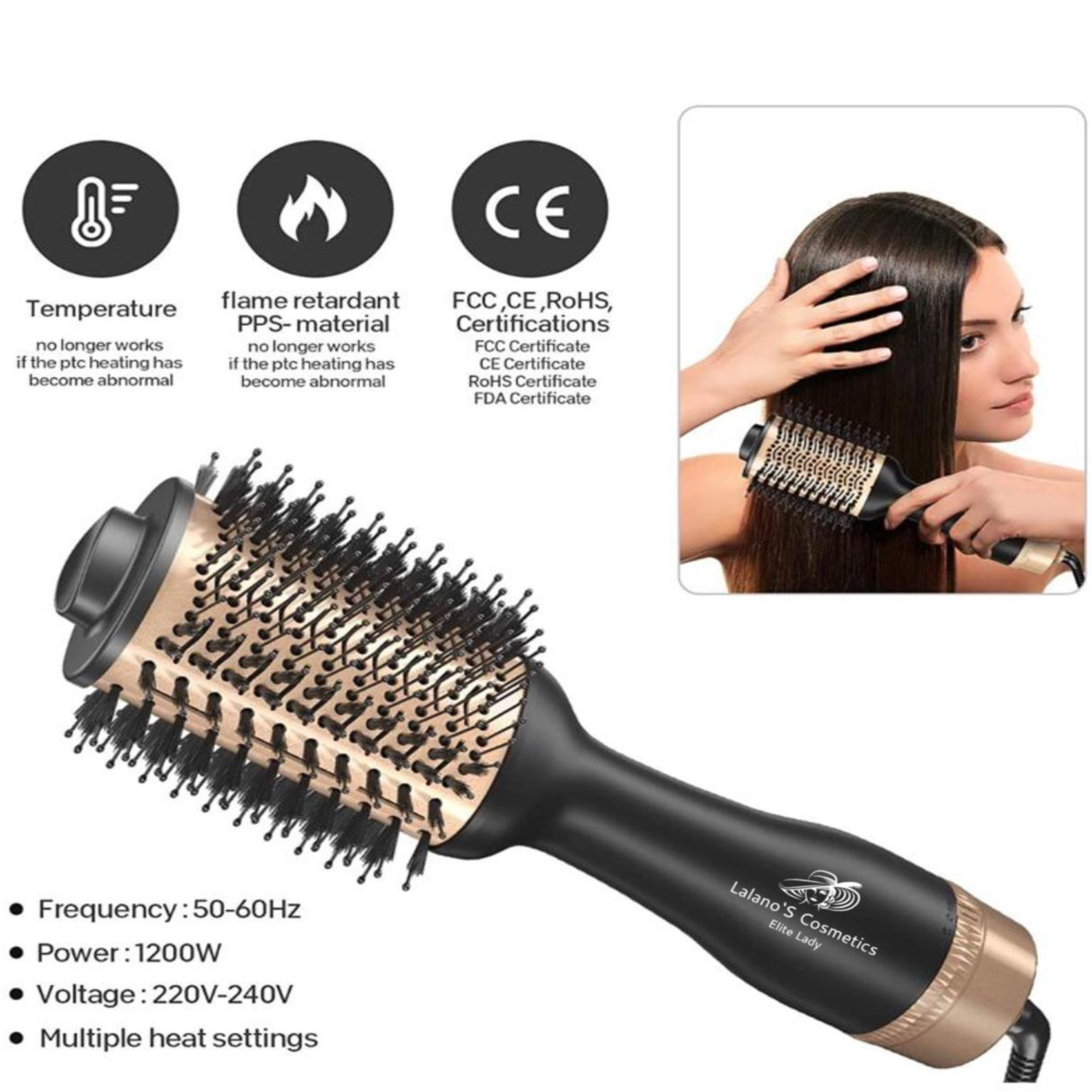 Szczotka do suszenia włosów z czarnym uchwytem, złotymi akcentami i ikonami informacyjnymi.