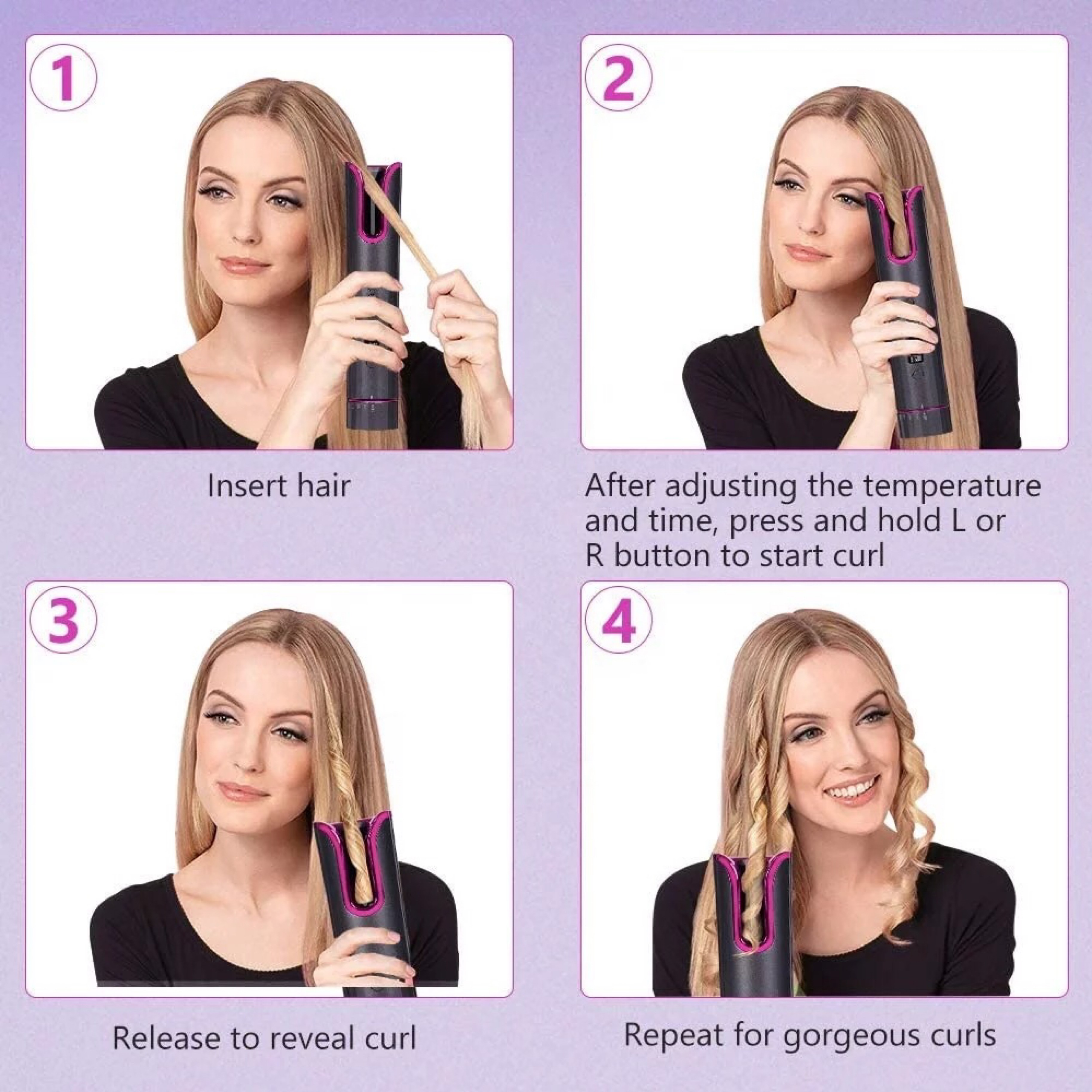 Eine Frau verwendet einen Lockenstab für ihr Haar. Anweisungen zeigen das Einsetzen der Haare und das Locken.