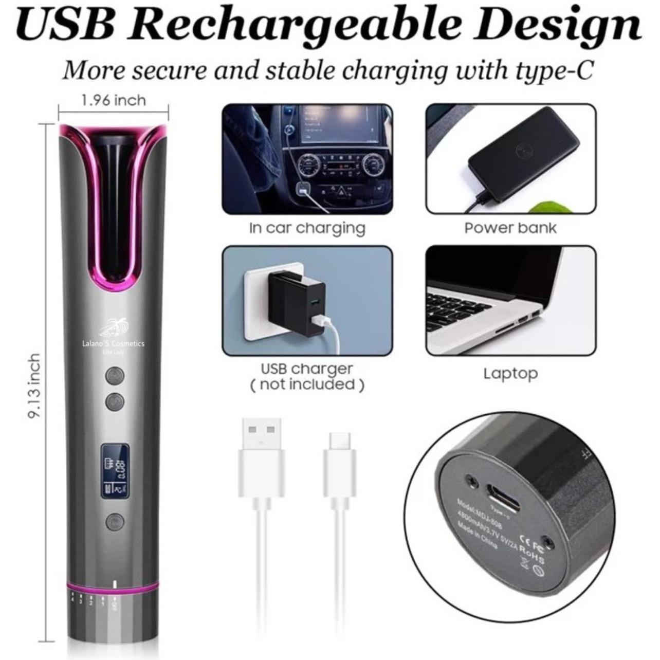 Schemat przedstawiający lokówkę i jej metody ładowania. Ładowanie w samochodzie, power bank, ładowarka USB i laptop.