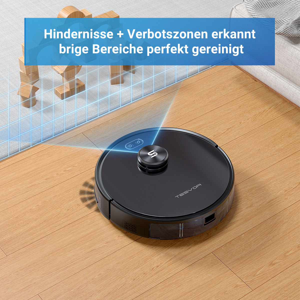 Schwarzer Roboter-Staubsauger auf Holzboden, mit Text-Overlay, das seine Funktion anzeigt.