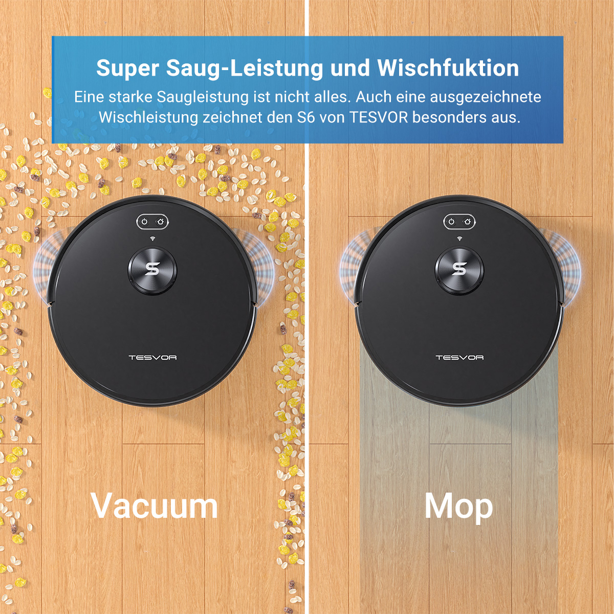 Zwei schwarze Roboter-Staubsauger. Einer saugt, einer wischt. Holzboden mit Schmutz.