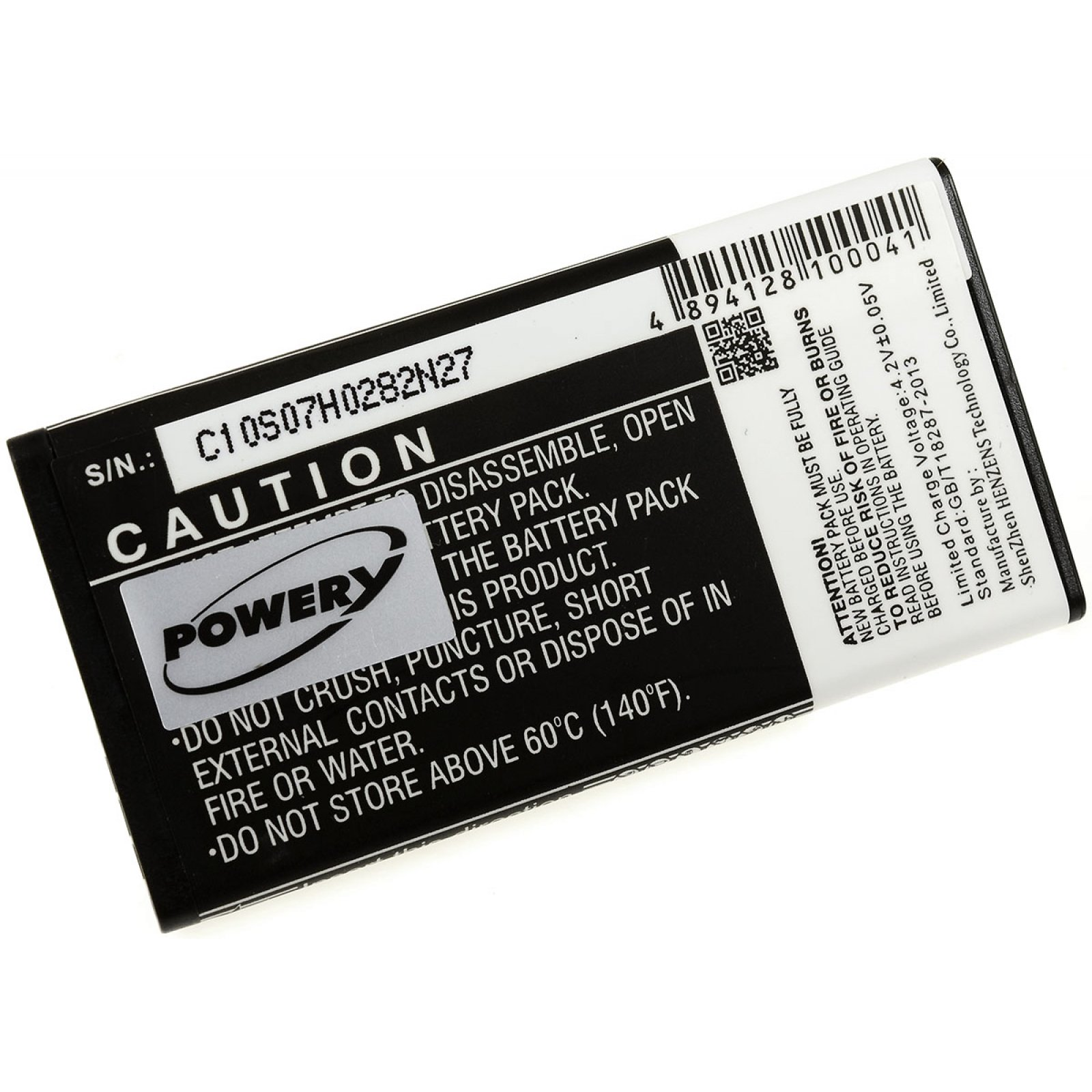 Batería negra con etiqueta y texto blancos. Se muestra el texto de precaución.