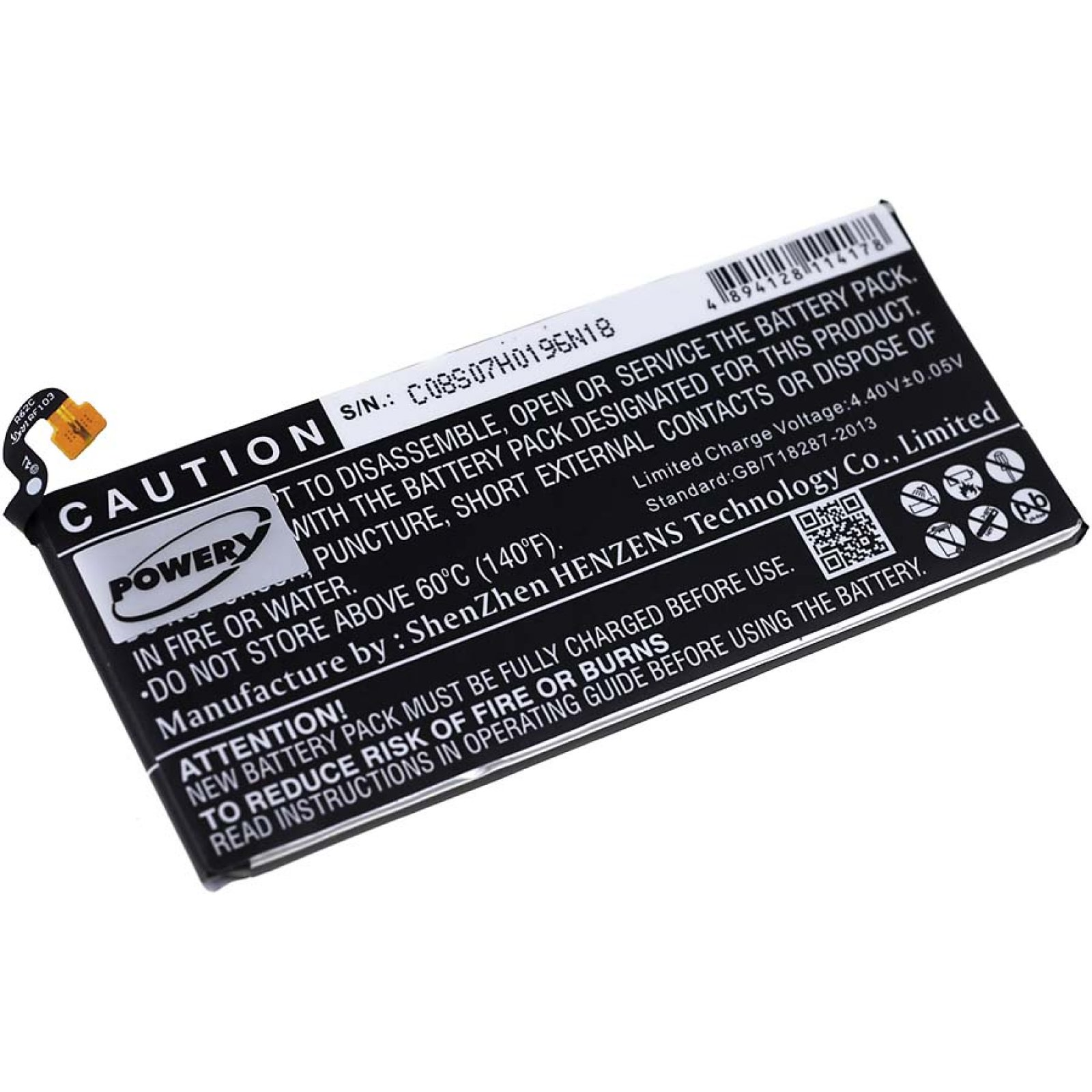 Una batería negra con texto blanco. Una etiqueta de precaución y un código QR son visibles.