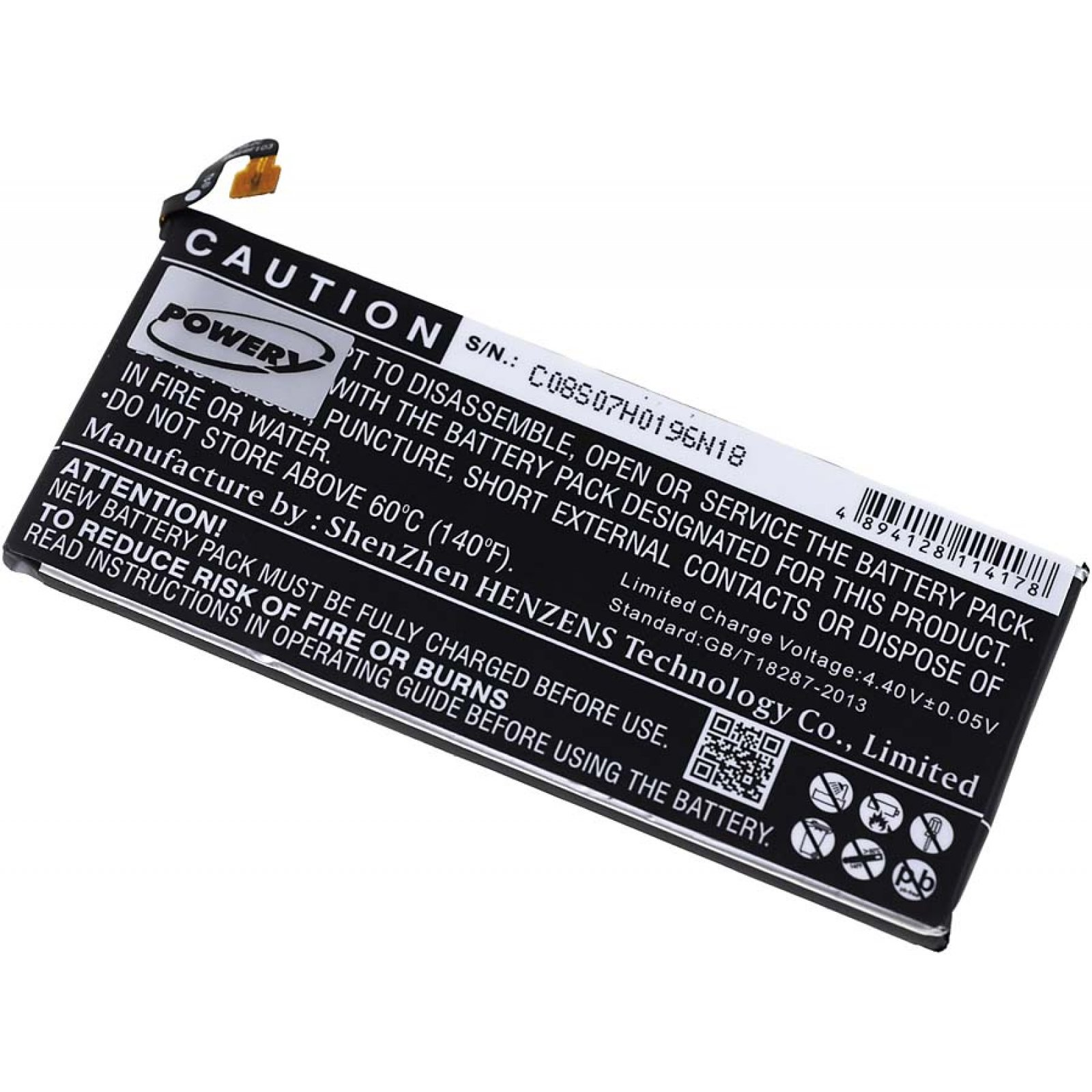 Paquete de baterías rectangular negro con una etiqueta y advertencias. La batería está dentro de un plástico transparente.