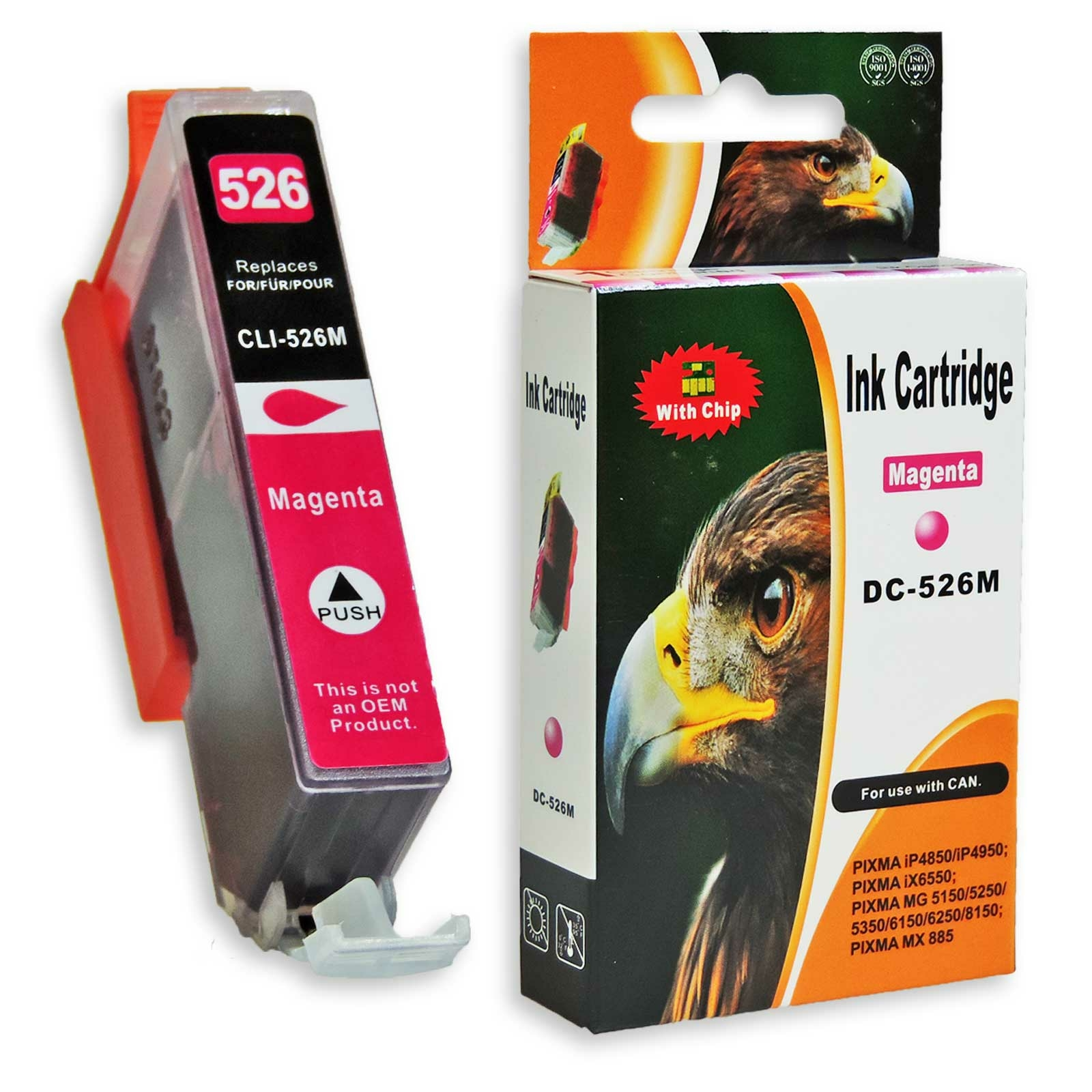Magentarote Tintenpatrone mit einer Box, die einen Vogel zeigt. Weißer Hintergrund.