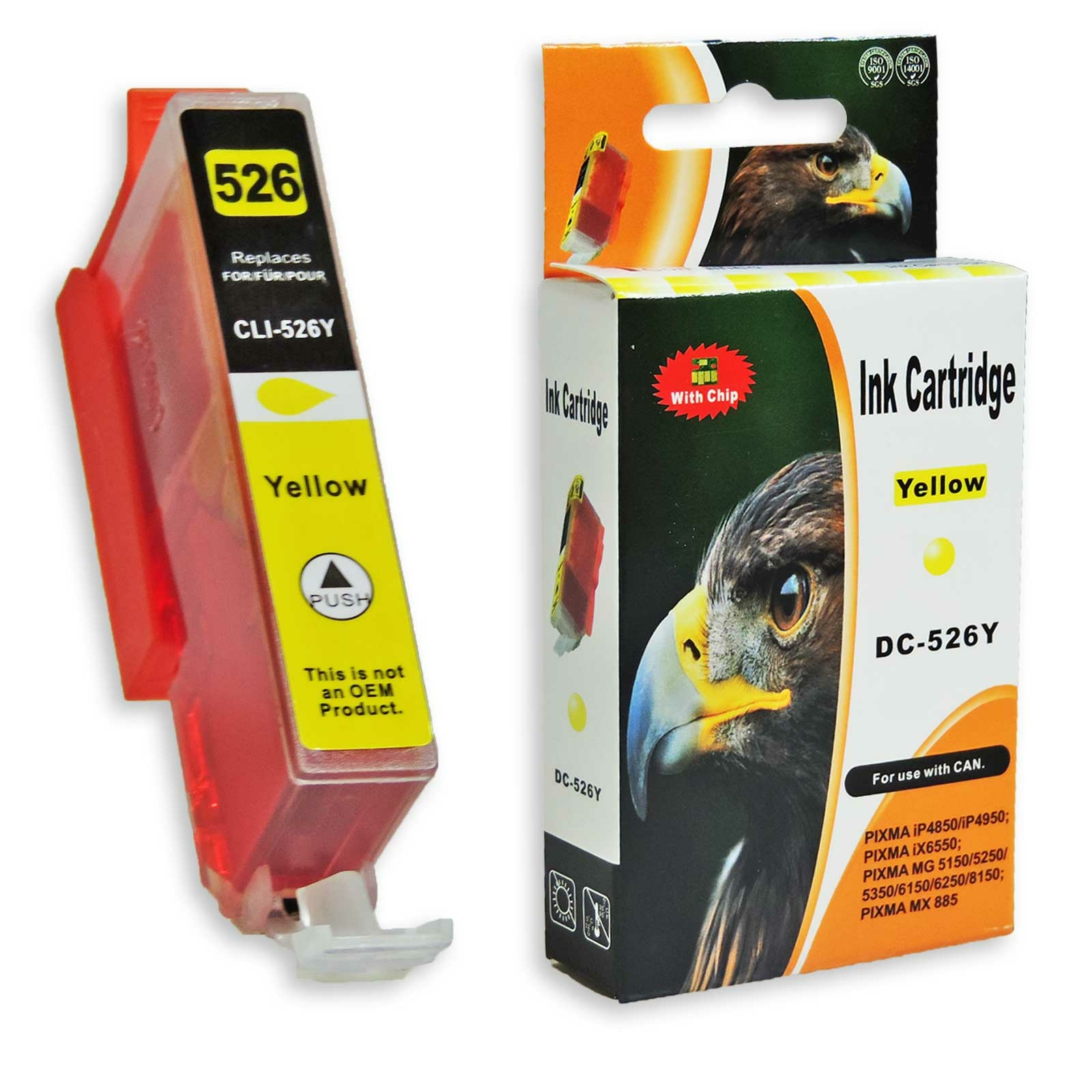 Gelbe Tintenpatrone mit rotem Halter und Verpackung mit Adlerbild und Details.
