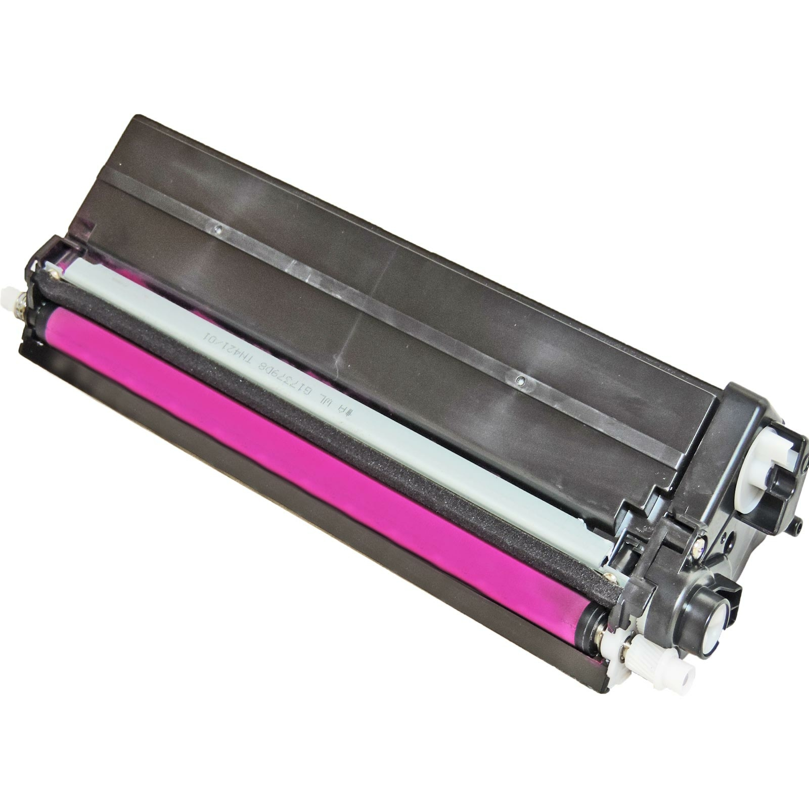 Drucker-Tonerkartusche, schwarzer Kunststoff, teilweise zerlegt. Magenta-Walze sichtbar. Weißer Hintergrund.