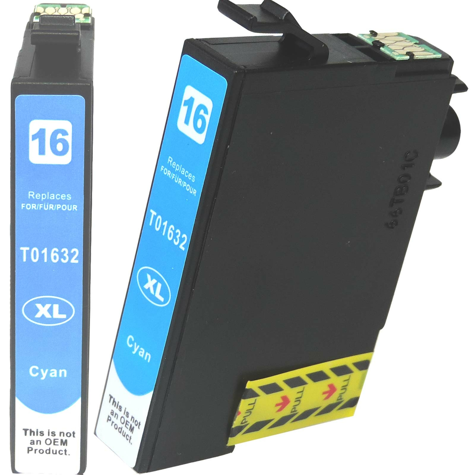 Cyan Tintenpatrone. Die Patrone ist schwarz. Das Etikett sagt 'Cyan' und 'XL' mit einem Pull-Tab.