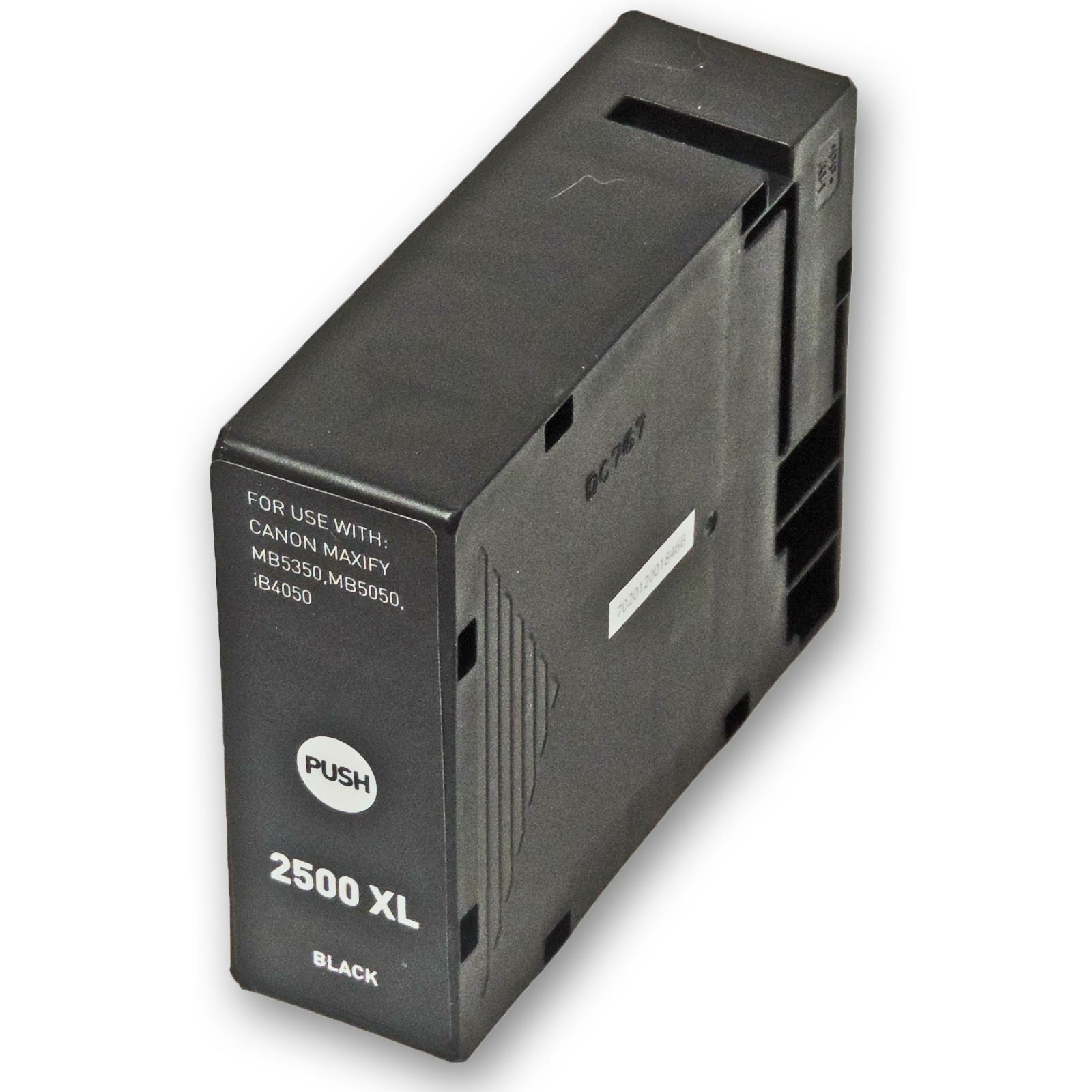 Eine schwarze Tintenpatrone mit der Bezeichnung 2500 XL, mit weißem Hintergrund.