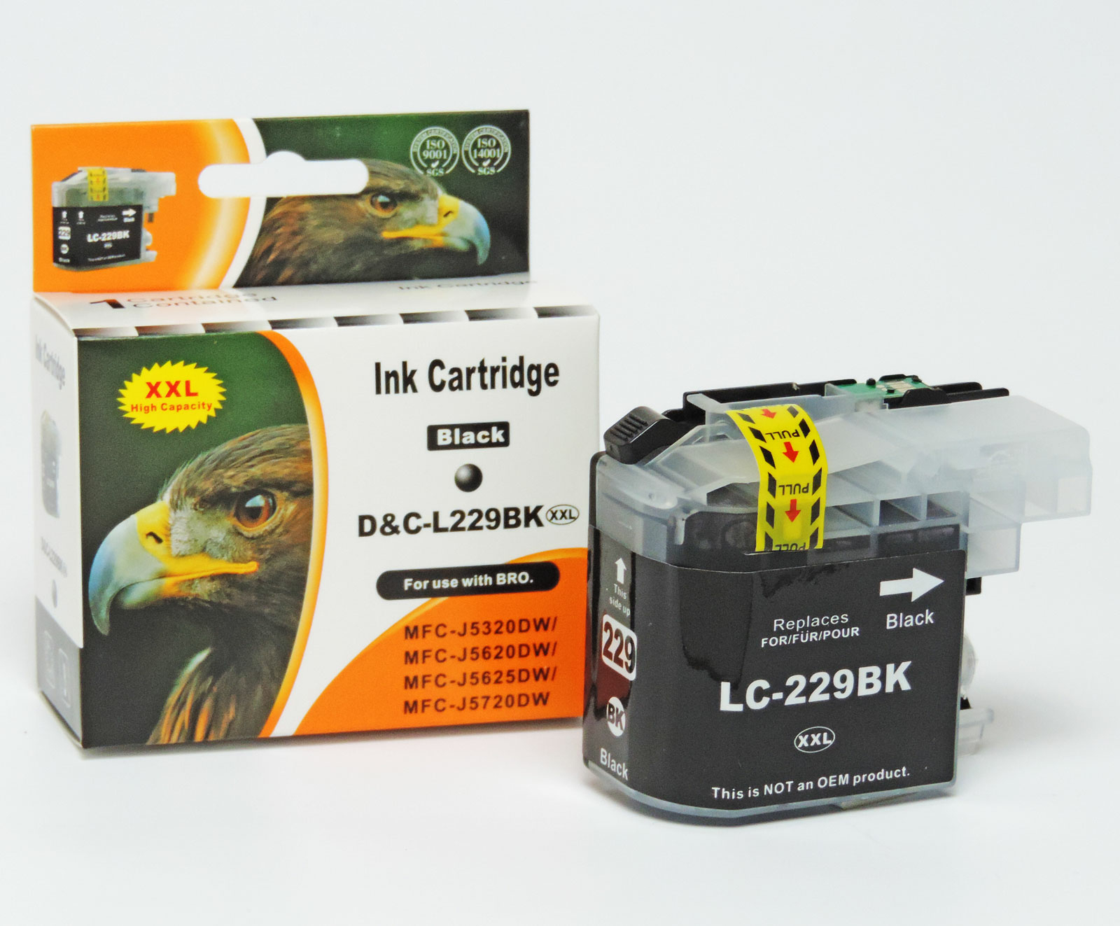 Tintenpatrone und eine Box. Die Box zeigt ein Bild eines Adlers. Die Patrone ist schwarz mit gelben Markierungen.