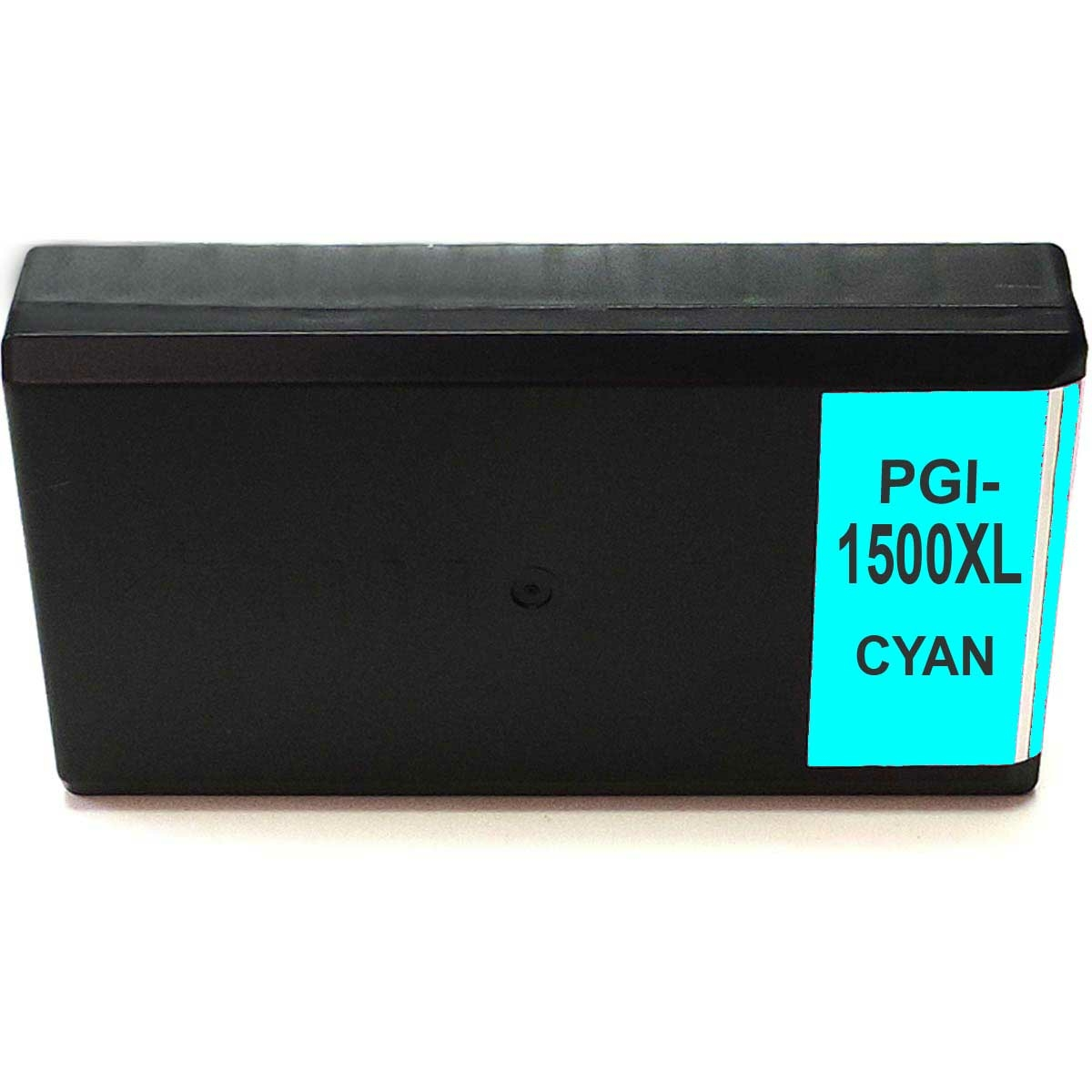 Eine schwarze Druckerpatrone mit einem cyanfarbenen Aufkleber. Es steht PGI-1500XL CYAN drauf.