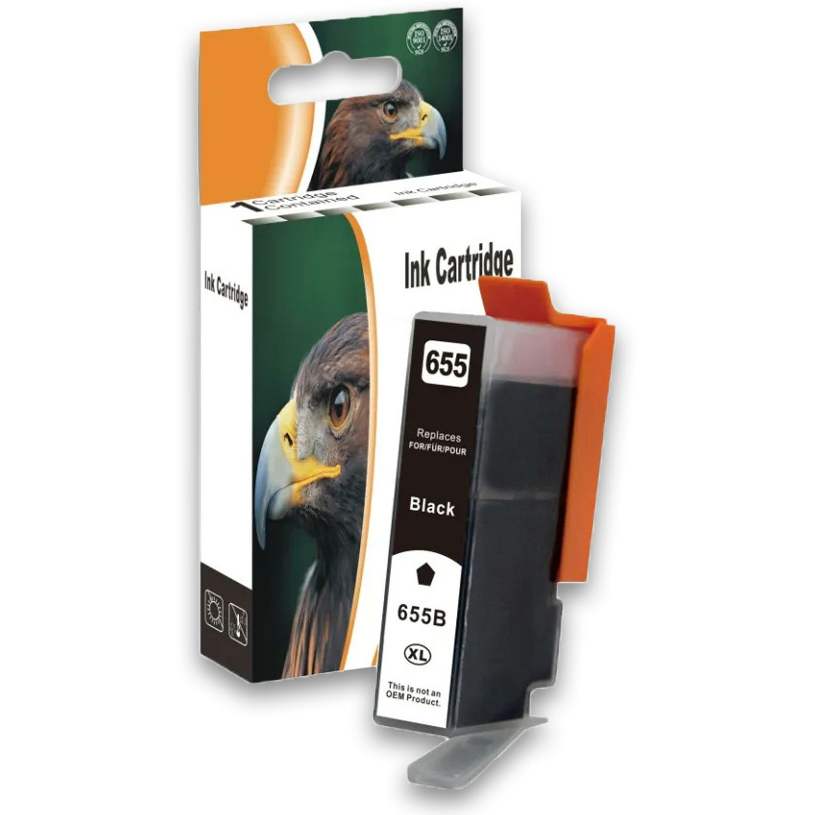 Tintenpatronenbox mit Adlerillustration, Patrone sichtbar, schwarze Tinte.