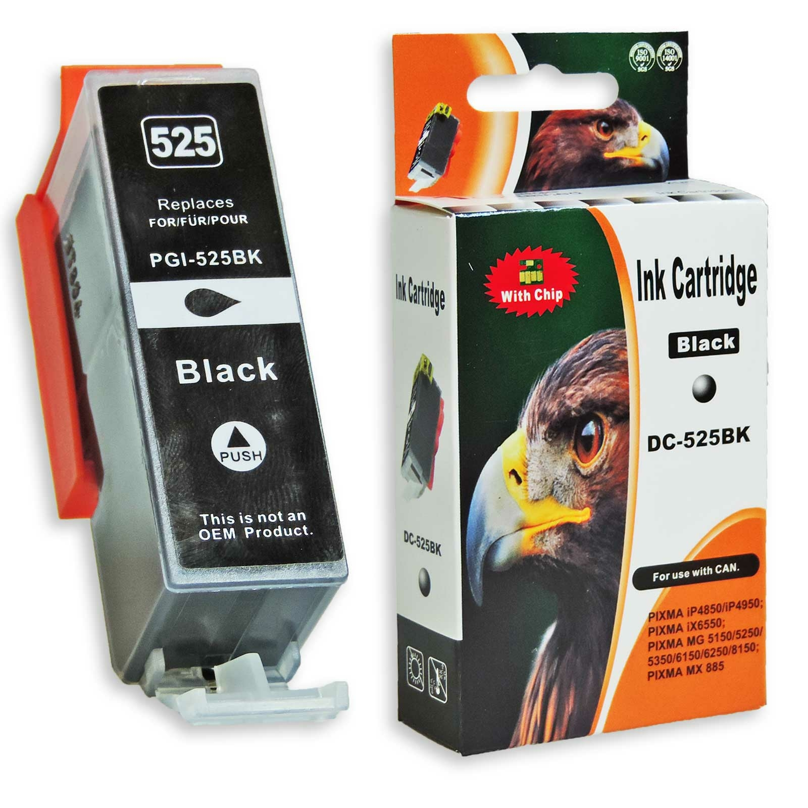 Schwarze Tintenpatrone, DC-525BK, und Verpackung. Die Box zeigt einen Adler.