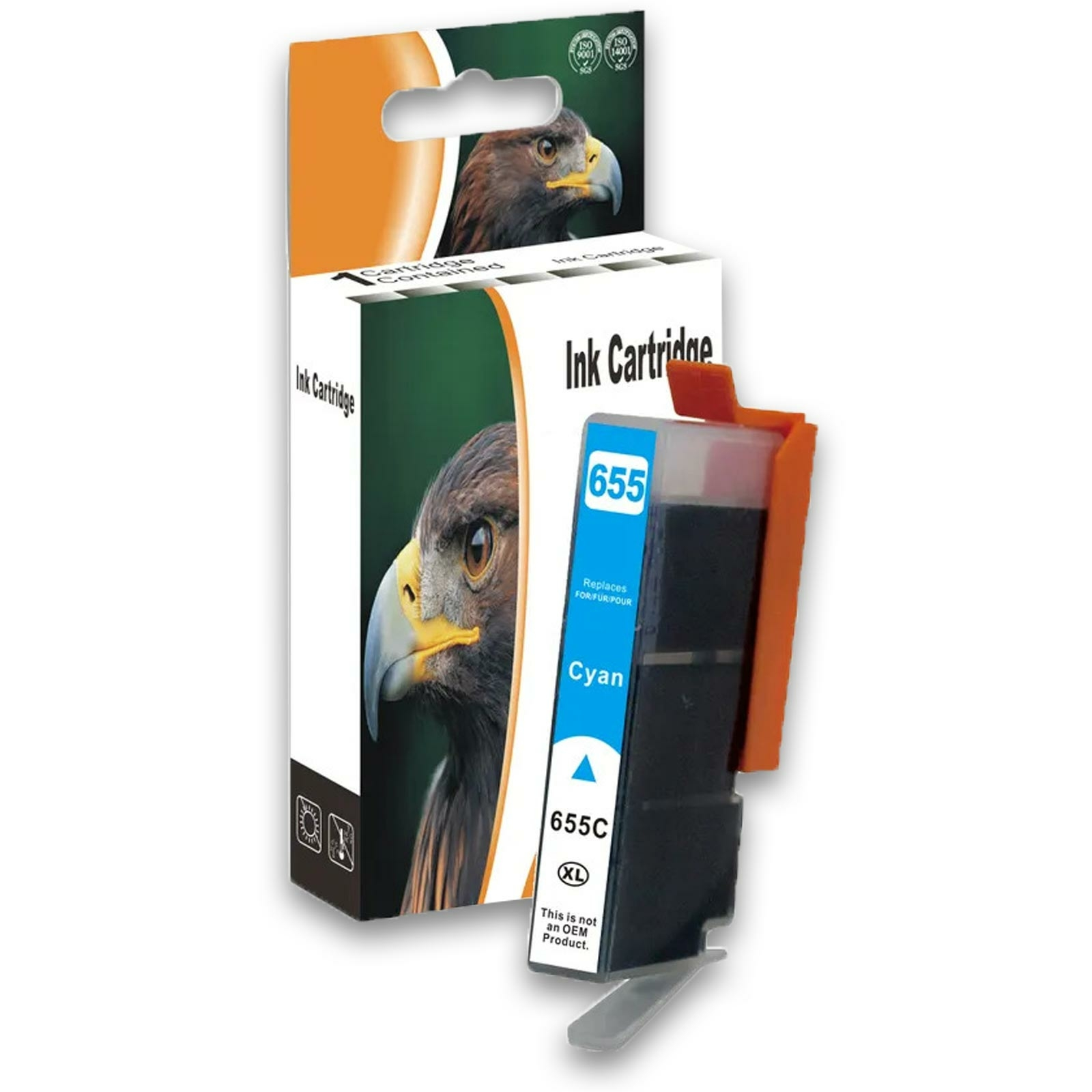 Tintenpatrone in einer Box. Die Box zeigt einen Adler. Weißer Hintergrund.