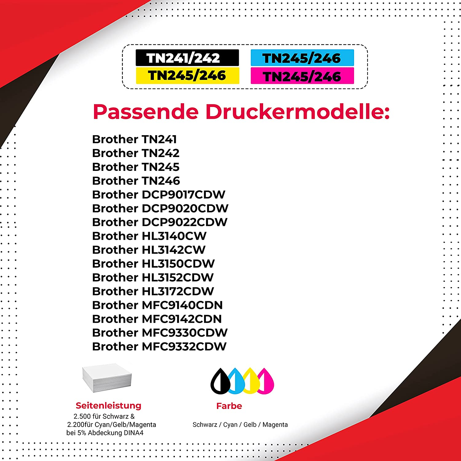 Druckerpatronen-Kompatibilitätstabelle mit Farbtinten-Symbolen.