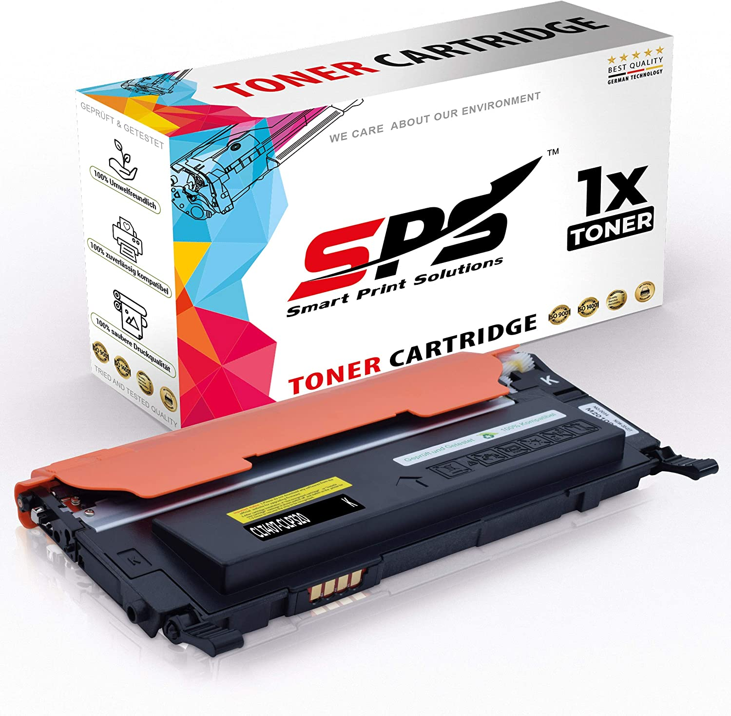 Tonerkartusche mit weißer Box. Die Box hat Text und ein Bild. Der Toner ist orange und schwarz.