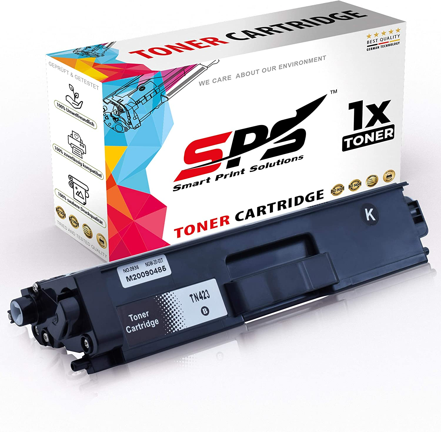 Tonerpatrone mit Karton. Auf der Verpackung steht Tonerpatrone und ein Logo. Die Patrone ist schwarz mit Etiketten.