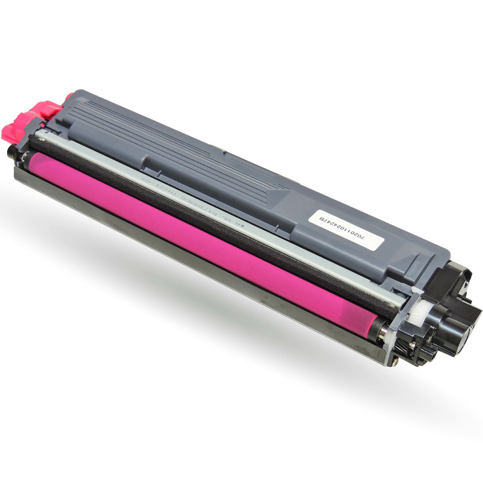 Magentaroter Tonerkartusche, graues Gehäuse, rosa Walze und weißer Hintergrund.