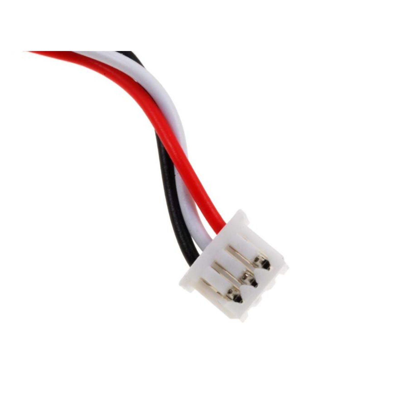 Primer plano de un conector blanco de tres pines con cables rojo, negro y blanco, sobre un fondo blanco.