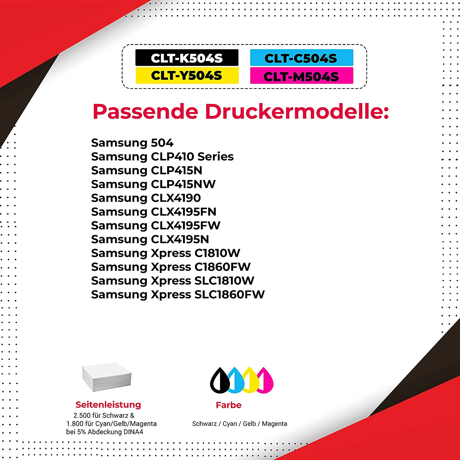 Poster mit Samsung-Druckermodellen und Farben von Tonerkartuschen.