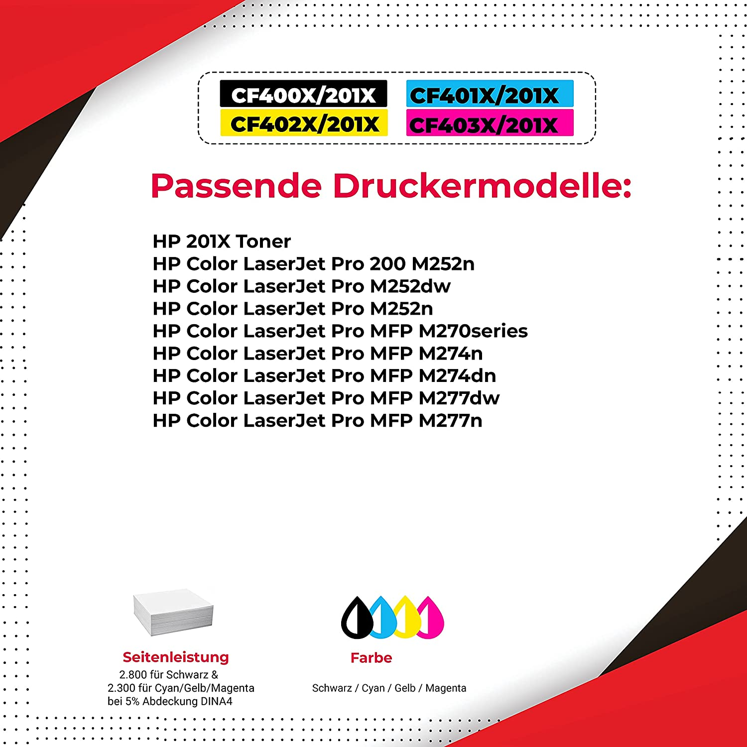 Informationen zum HP 201X Toner. Enthält kompatible Druckermodelle und Farbinformationen.