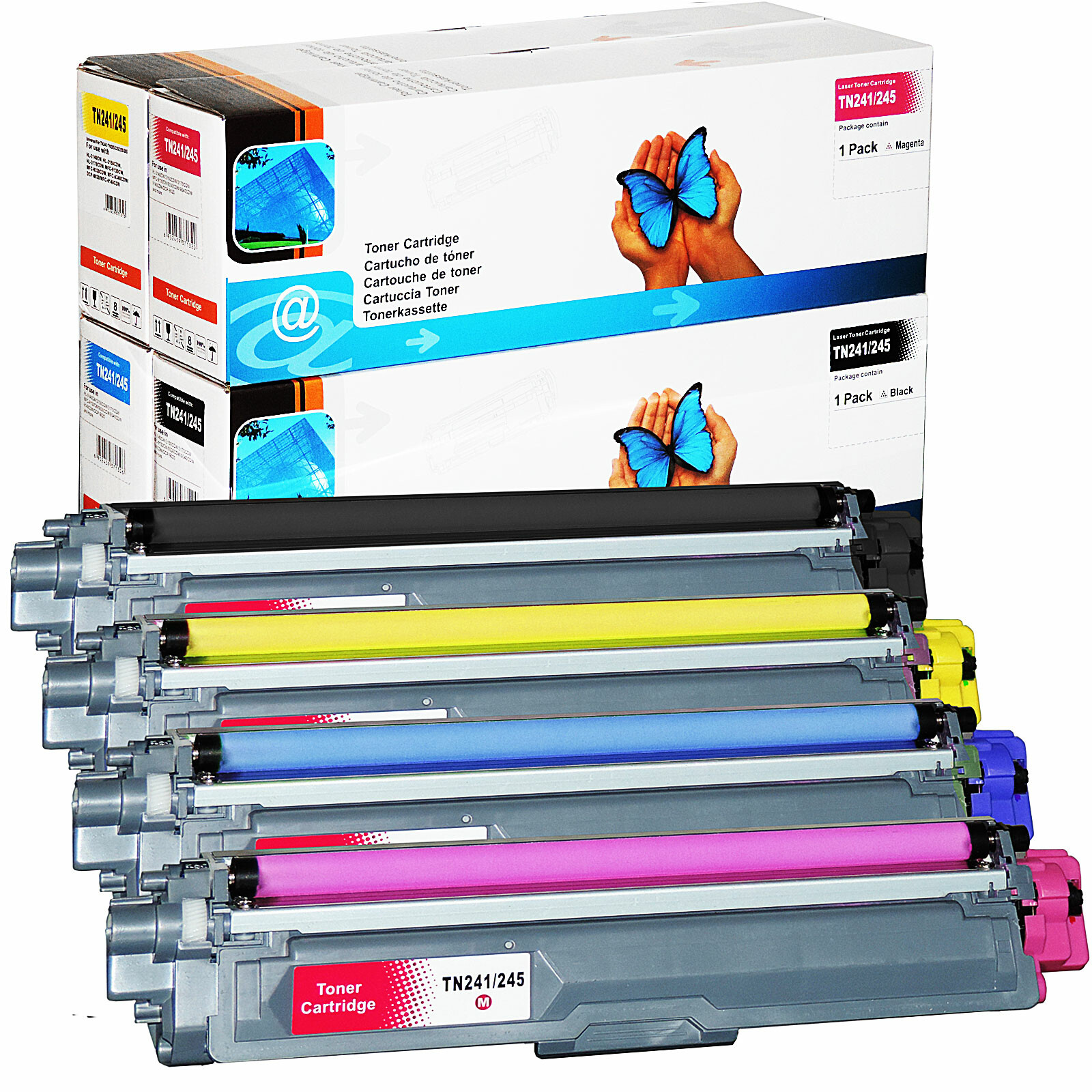 Tonerkartuschen in verschiedenen Farben, Schwarz, Gelb, Magenta, Cyan. Kartons im Hintergrund.