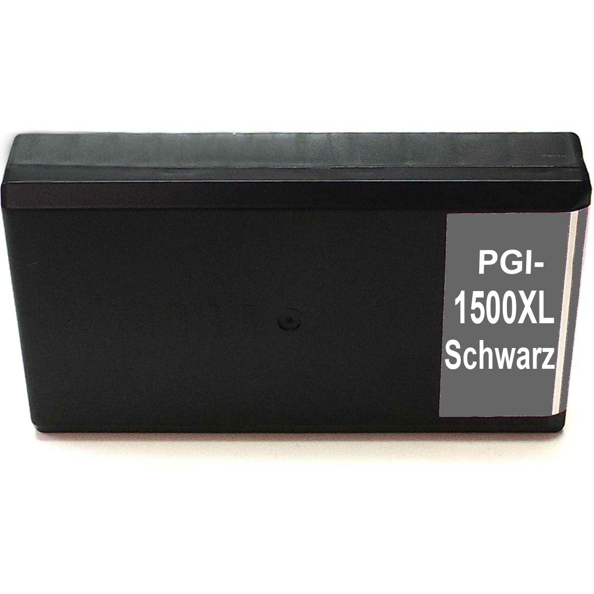 Eine schwarze Tintenpatrone mit weißem Etikett. Das Etikett trägt die Aufschrift PGI-1500XL Schwarz.