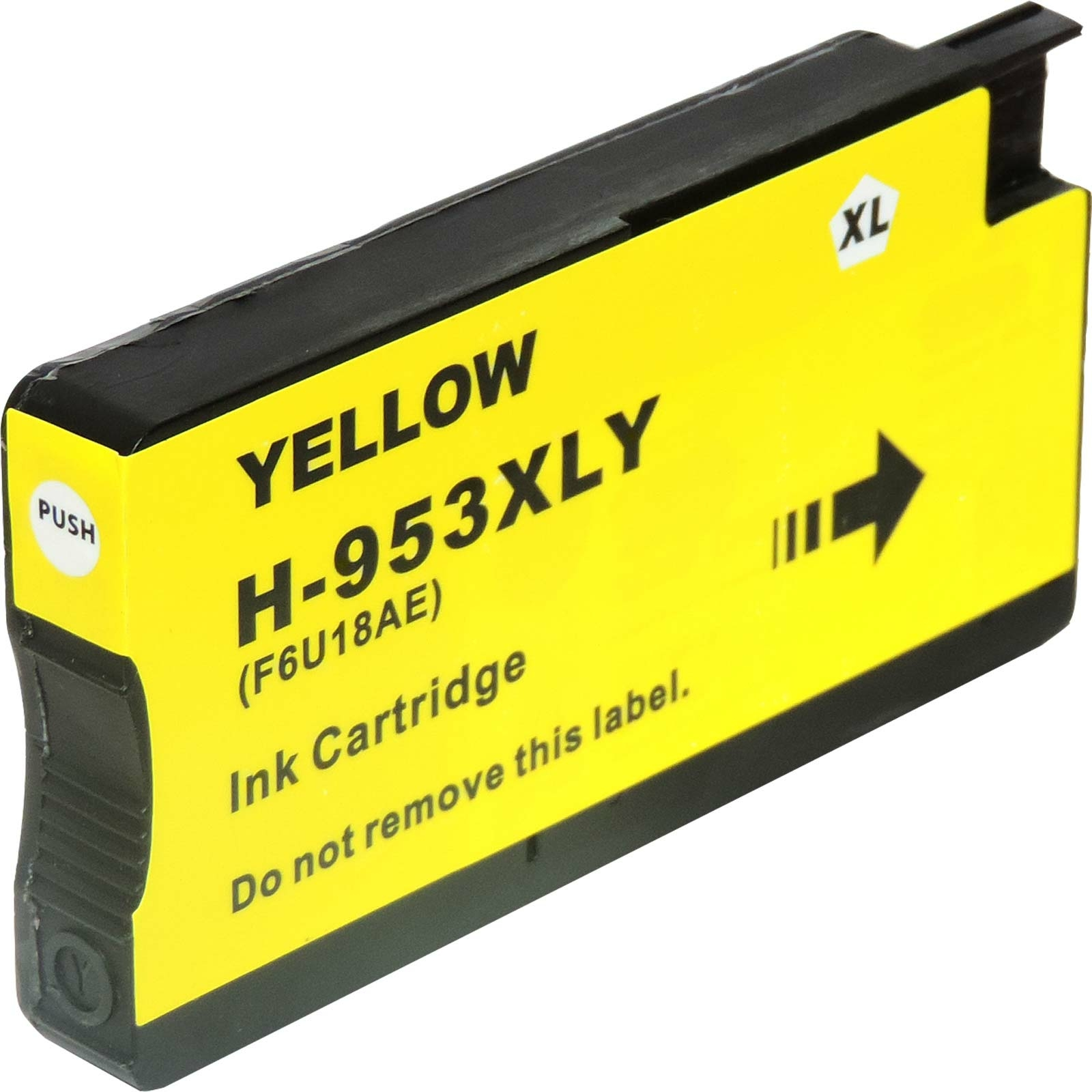 Gelb-schwarze Tintenpatrone für einen Drucker. Text: Yellow H-953XLY, XL-Größe.