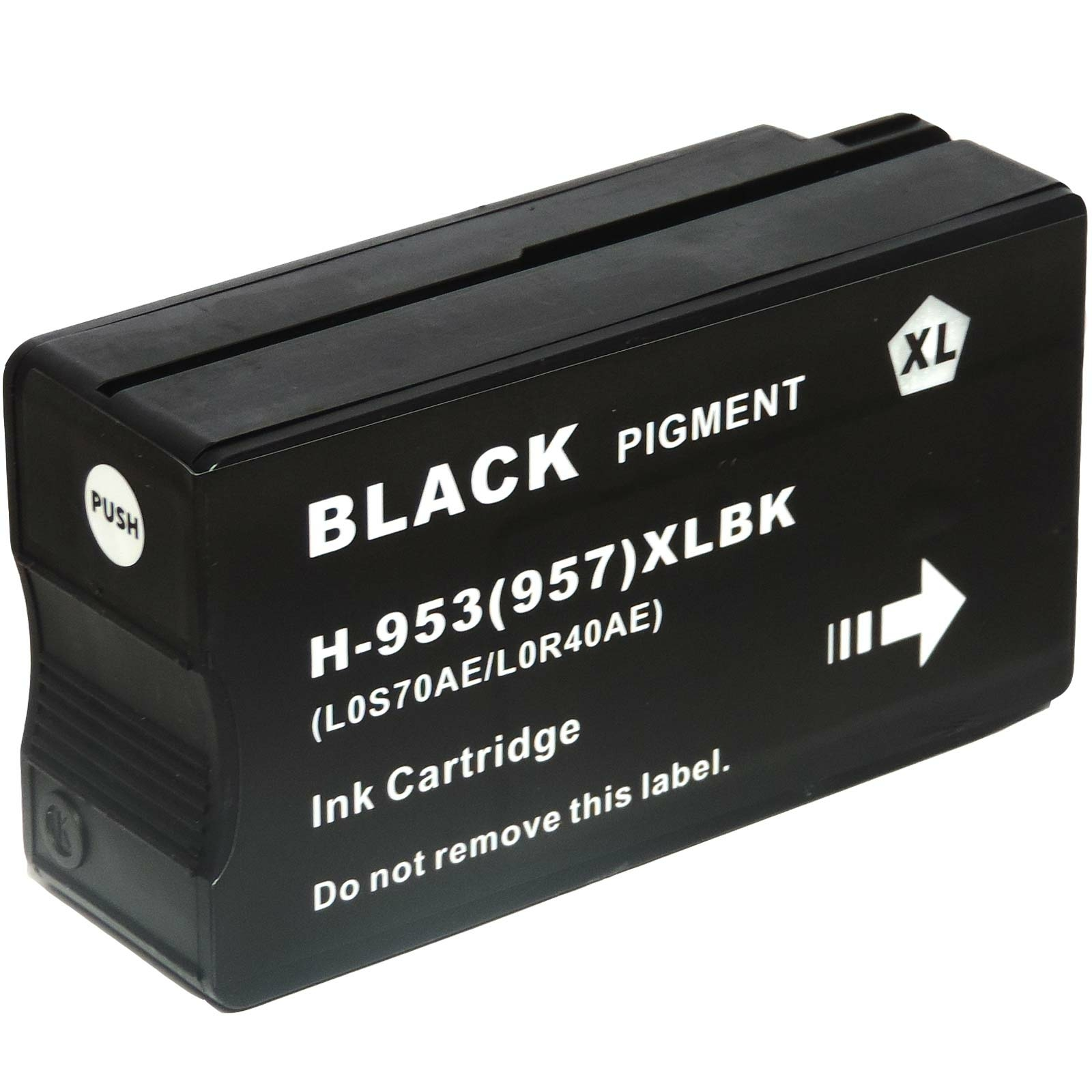 Eine schwarze Tintenpatrone mit weißem Text mit der Aufschrift 'BLACK PIGMENT' und 'Ink Cartridge'.